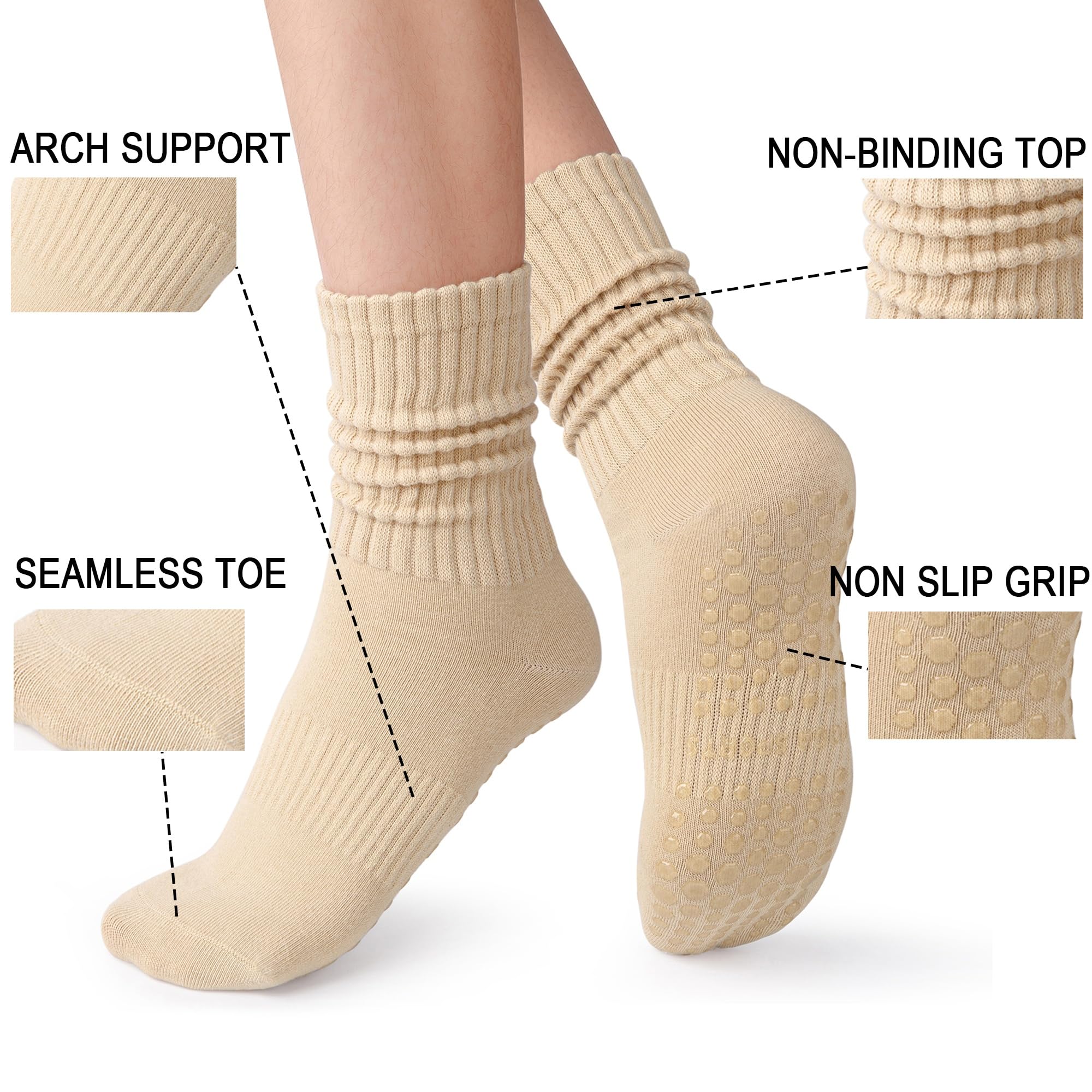 COZYOFFI Grip Pilates Socks for Women: Non Slip Scrunch Socks for Yoga Barre Brown Khaki Beige