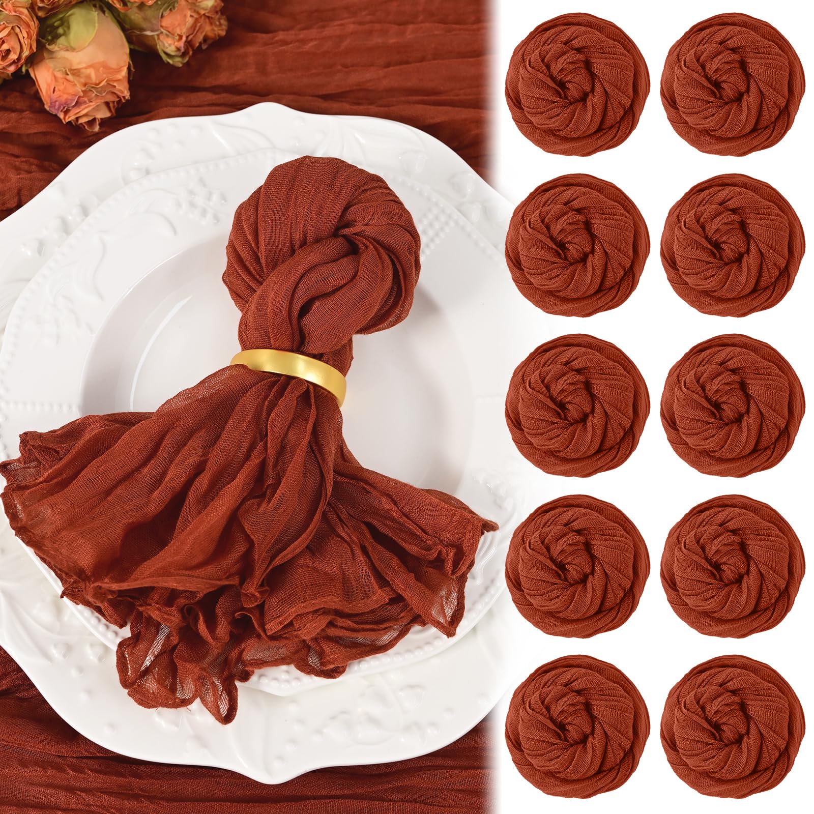 10 Pack Terracotta Cheesecloth Napkins 50x50CM Boho Washable Cloth Napkins Set of 10 Wrinkled Cheese Cloth Napkins Gauze Dinner Table Napkin for Wedding Party Baby Shower Birthday Decor