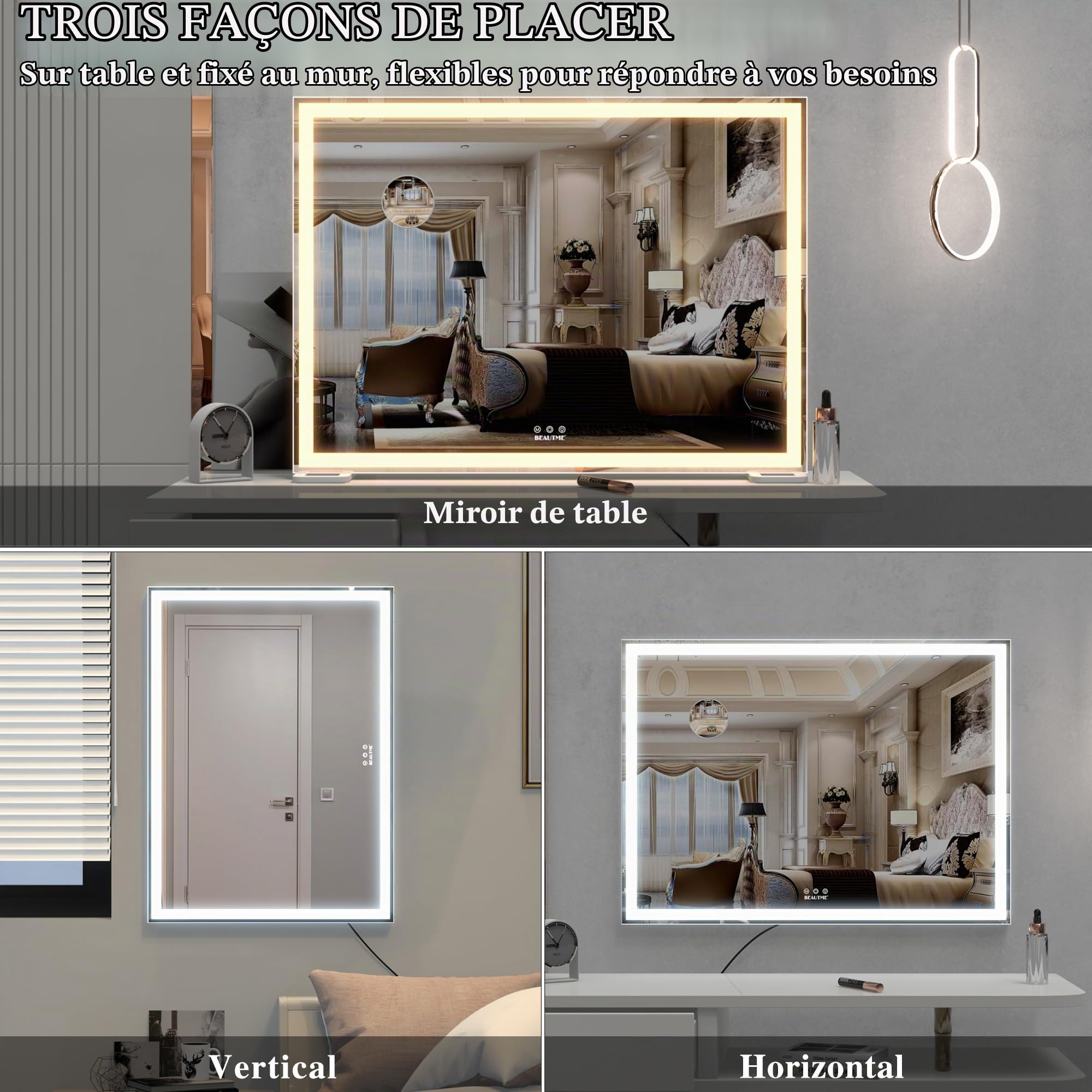 BEAUTME Miroir de courtoisie avec lumières pour table et dressing, miroir de maquillage éclairé Hollywood pour chambre à coucher (920 x 150 x 680 mm) | Miroir grossissant 10x, réglage de la luminosité en continu, 3 options de montage flexibles pour coiffe