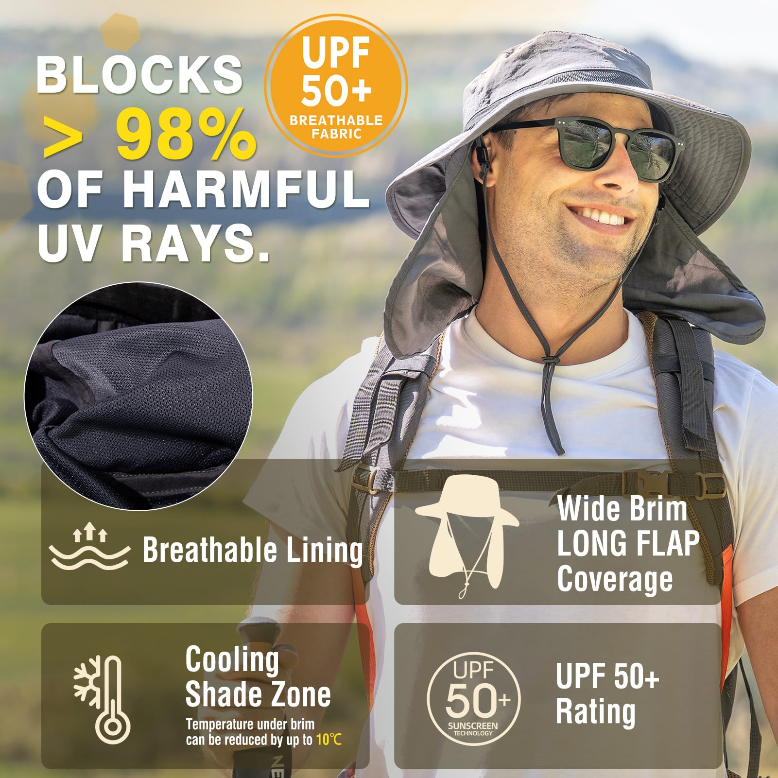 TOP-EX Sombrero de pesca extragrande XL XXL para hombre, con protección UV 50, impermeable, plegable, de malla, con solapa para el cuello, para pesca y senderismo