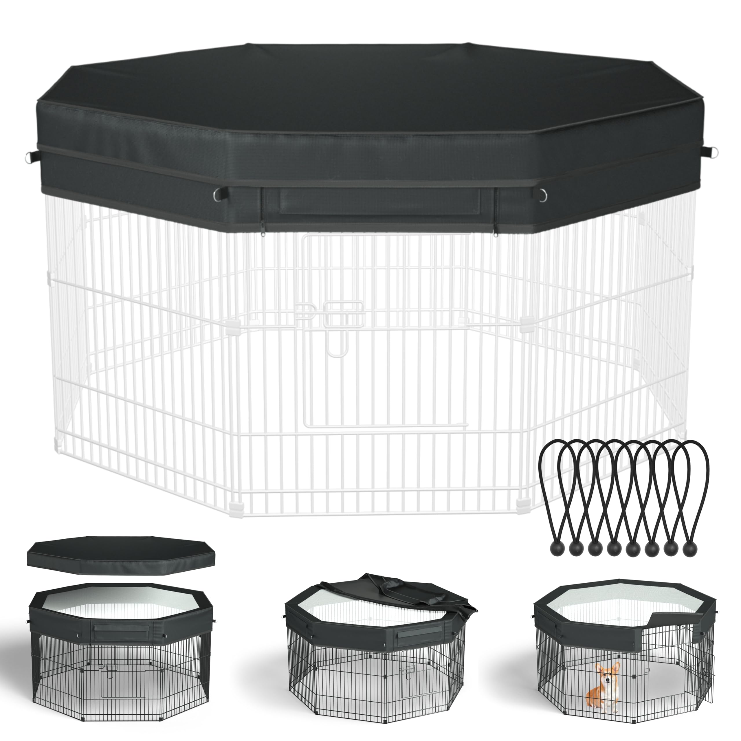 Hunde-Laufgitterabdeckung, verstärkt mit wasserdichtem Sonnenschutzvorhang, 1680D Oxford-Stoff und Nylon-Netz, UV-beständig, passend für 61 cm 8 Paneele, achteckig, nur für 61 cm große