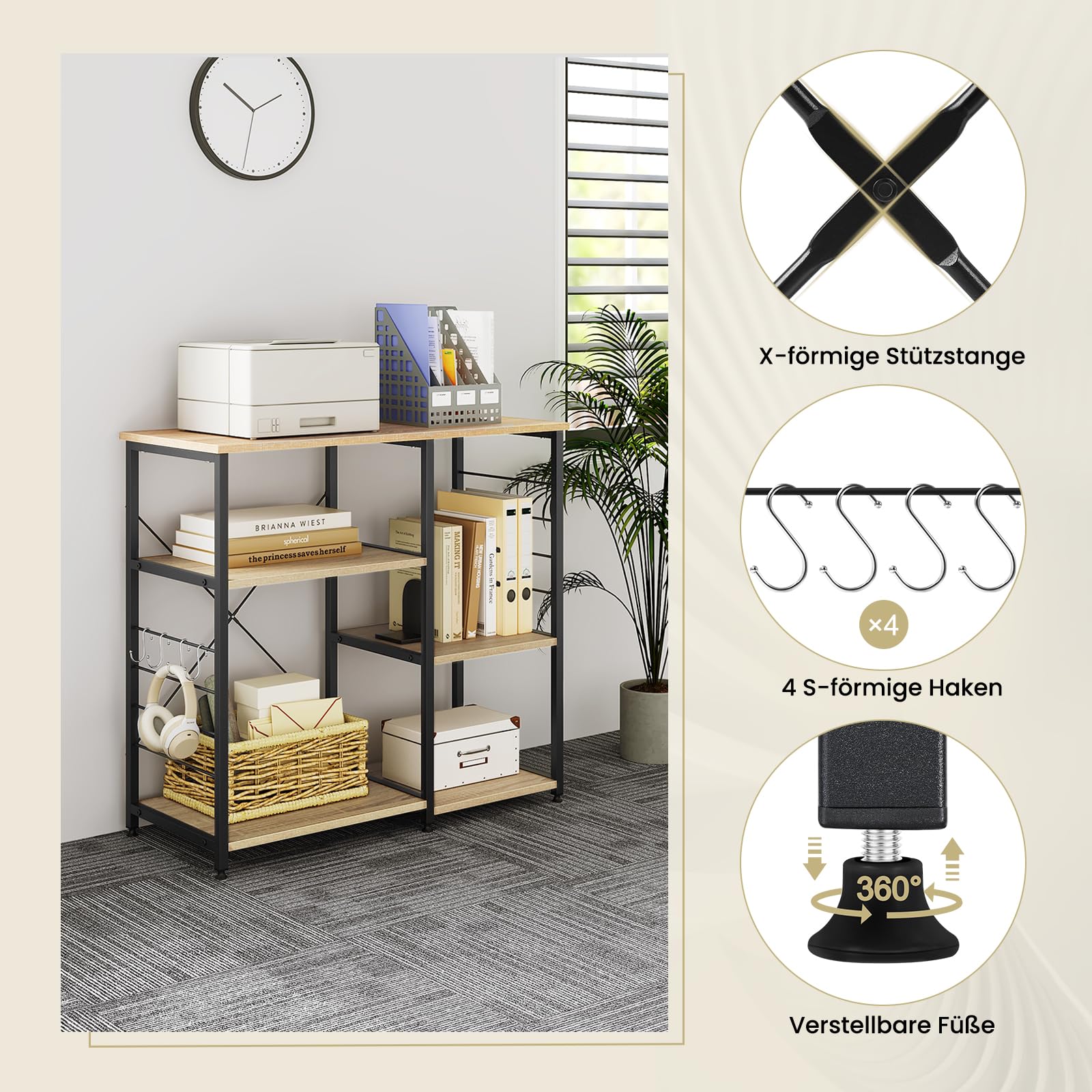 WOLTU Küchenregal mit 5 Ablagen, Standregal mit 4 Haken, Küche Bäckerregale Mikrowellenhalter aus Holz und Stahl, 90 x 40 x 83,5 cm, Schwarz + Hell Eiche