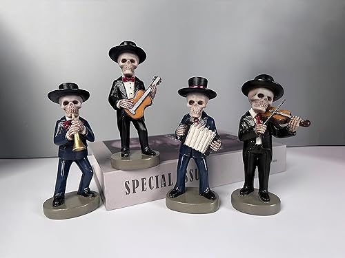 Miniatura 1 de Skeletons - Juego de 4 figuras de calavera de banda de mariachi, decoración para el hogar, juego de 4 músicos folclóricos coleccionables, 5.5