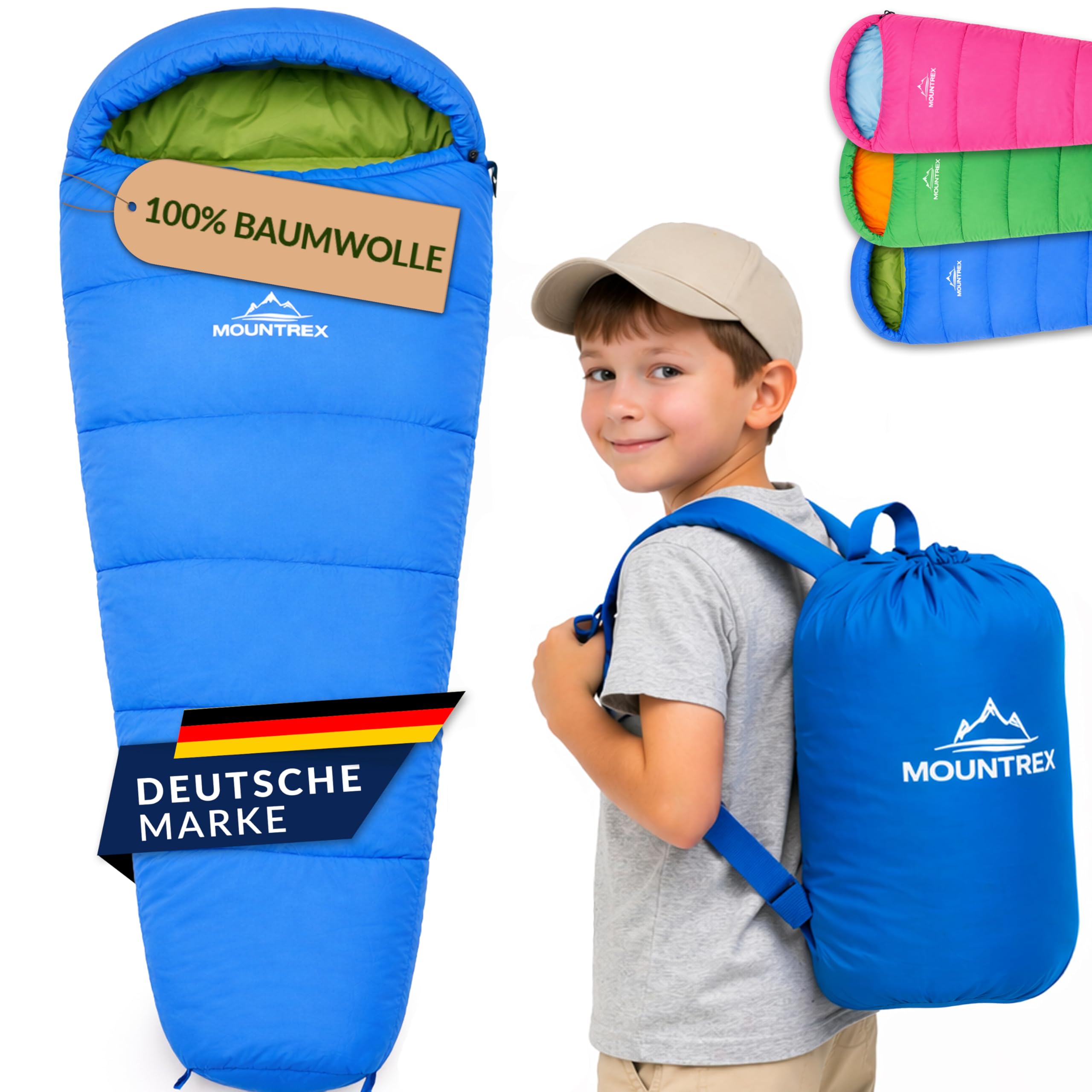MOUNTREX Kinderschlafsack 5°C / 15°C – 100 % Baumwolle Innenfutter – Schlafsack für Kinder 175×70 cm – Leicht & Kompakt, Tragbar wie EIN Rucksack – Ideal für Camping, Kindergarten & Übernachtungen
