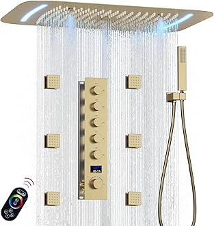Brushed Gold Shower System Digital Temperature Display Shower Faucet Set with 16X26 inch Ceiling Mount Showerhead(3 Modes), with 6 PCS Body Jet and Handheld Spray