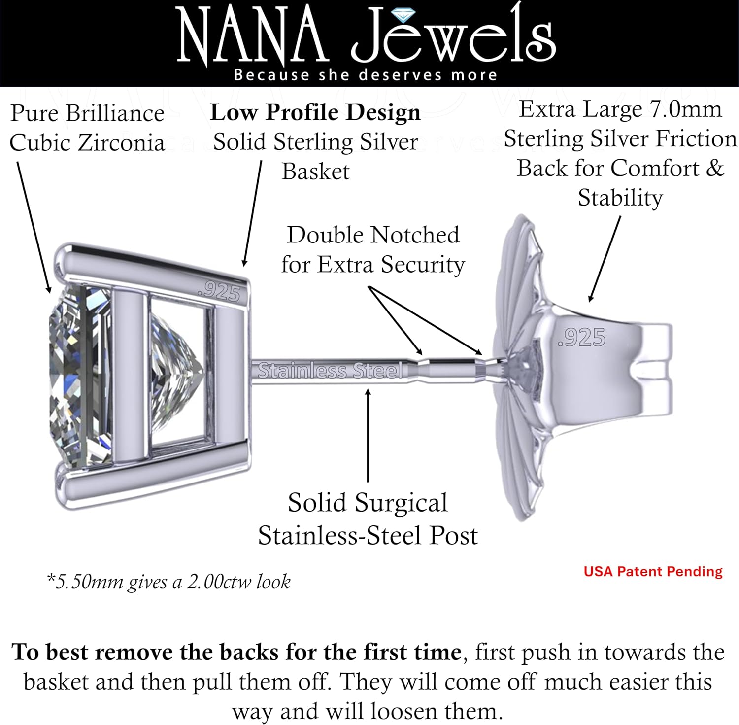 NANA Jewels Princess Cut Simulated Diamond Stud Earrings Silver & CZ 1.50ct - 4.00ct Hypoallergenic