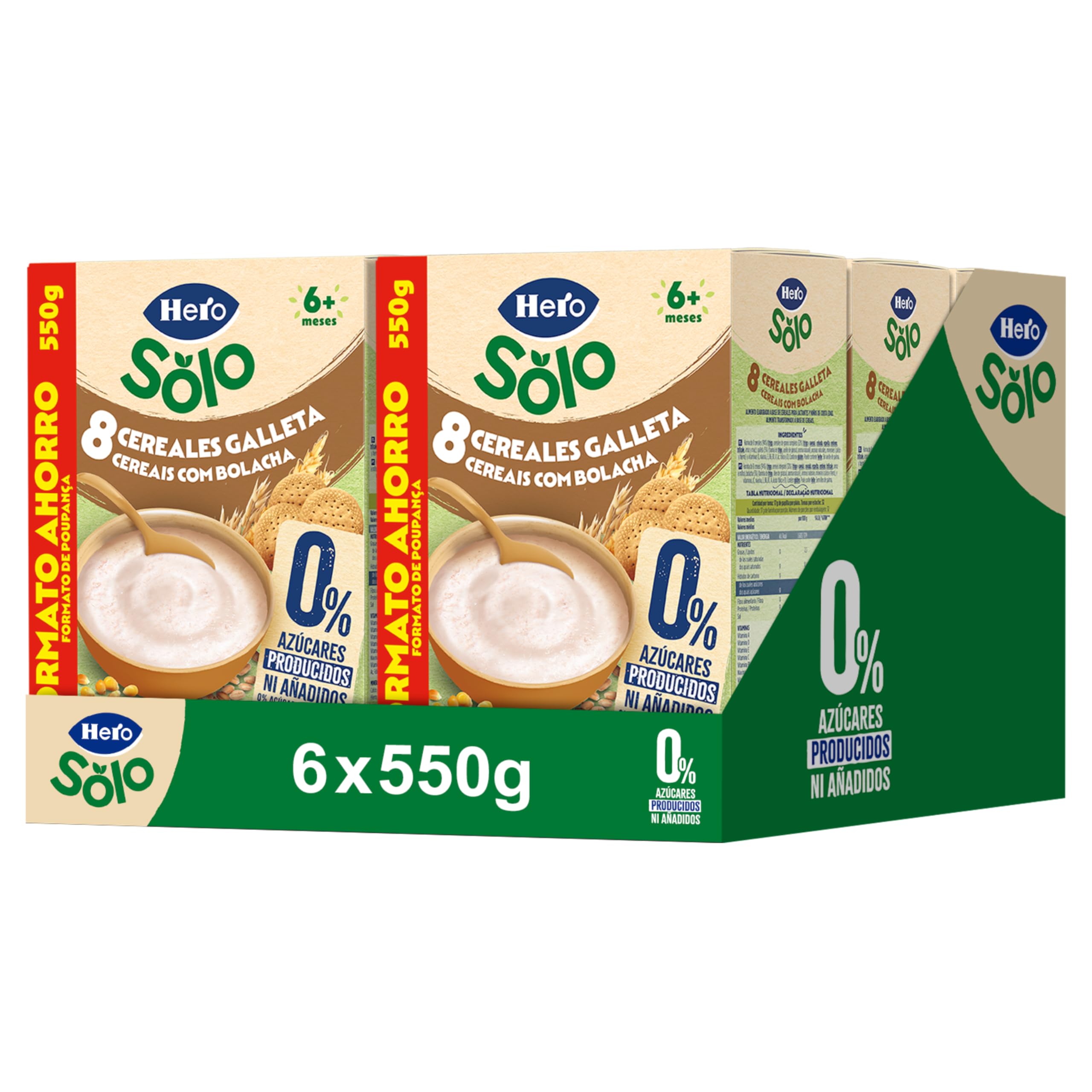 Hero Solo Papilla 8 Cereales con Galleta, Sin Azúcares Añadidos, Rica en Fibra y Vitaminas, Sabor Natural para Bebés, a partir de 6 meses, 6 ud x 550gr