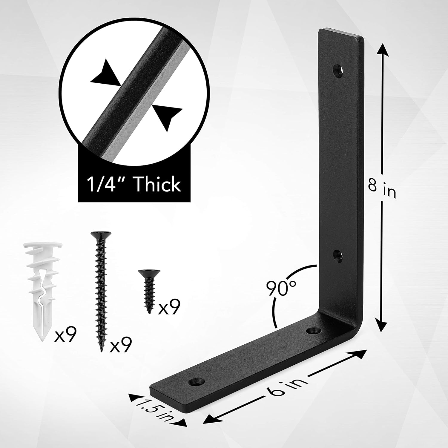 Premium Heavy-Duty Shelf Brackets - Quarter Inch (1/4") Thick - Rustic Industrial Modern Farmhouse Black Iron Finish Open Shelving Holder Hanger w/Hardware, 4-PK - Multiple Sizes Available (8" x 6") : Tools & Home Improvement
