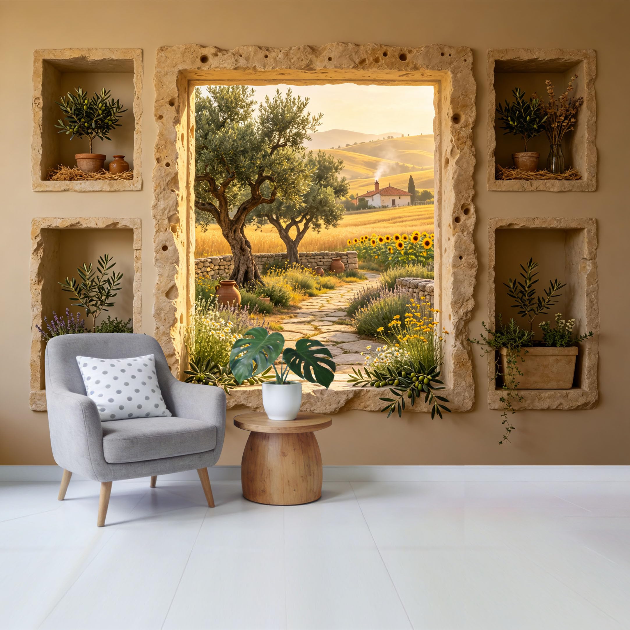 Custom Size Wall Mural Mediterranean Countryside Path Olive Trees Sunflower Field Landscape Removable Self Adhesive Fabric Home Wall Decor for Living Room Bedroom Bathroom