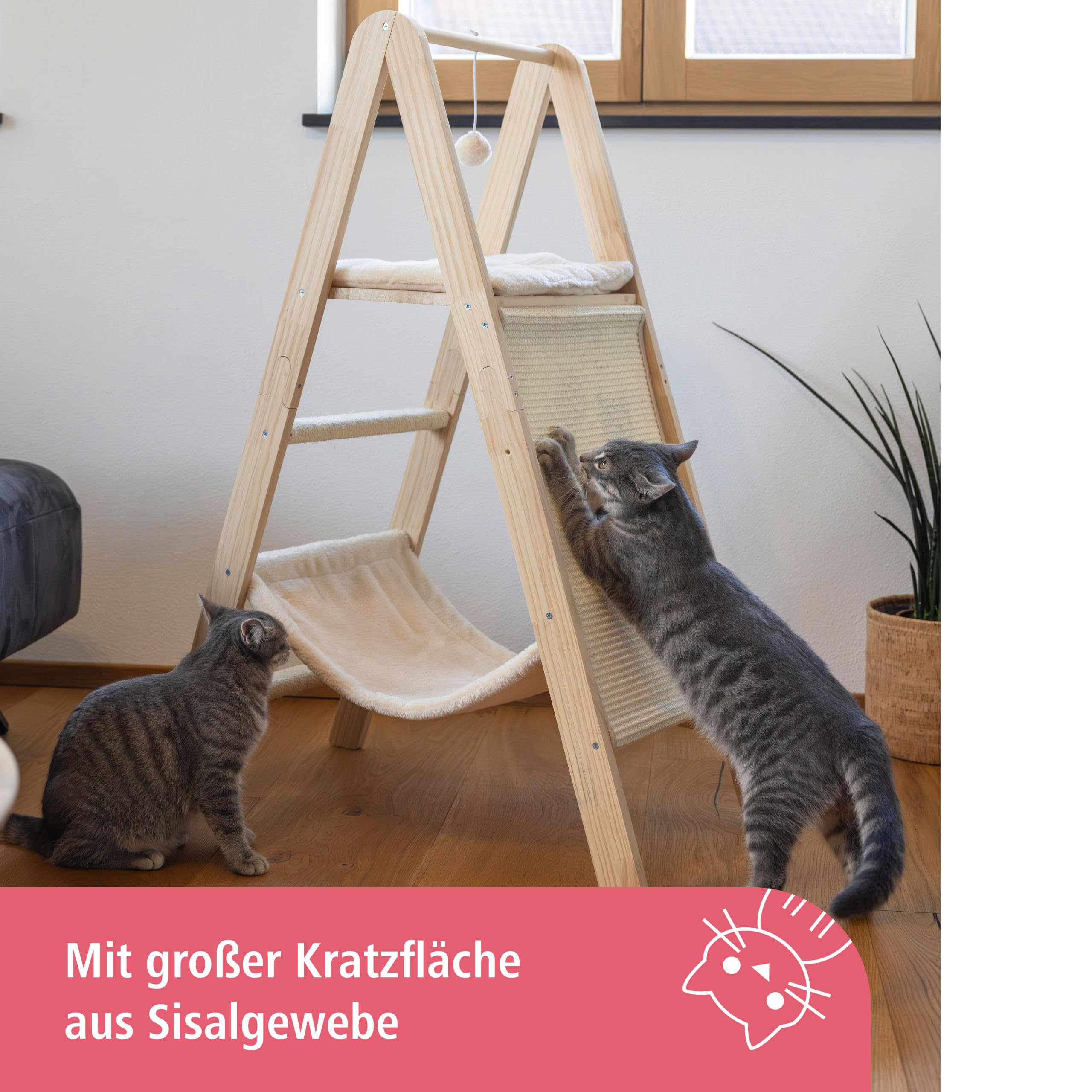 Kerbl Pet Kletterturm Ladder, Katzenkratzbaum, Massivholz, weicher Plüsch, beige, Höhe 104 cm, Zwei Liegeflächen, mit Hängematte, Sisalkratzfläche, Hängespielball, Wandbefestigung