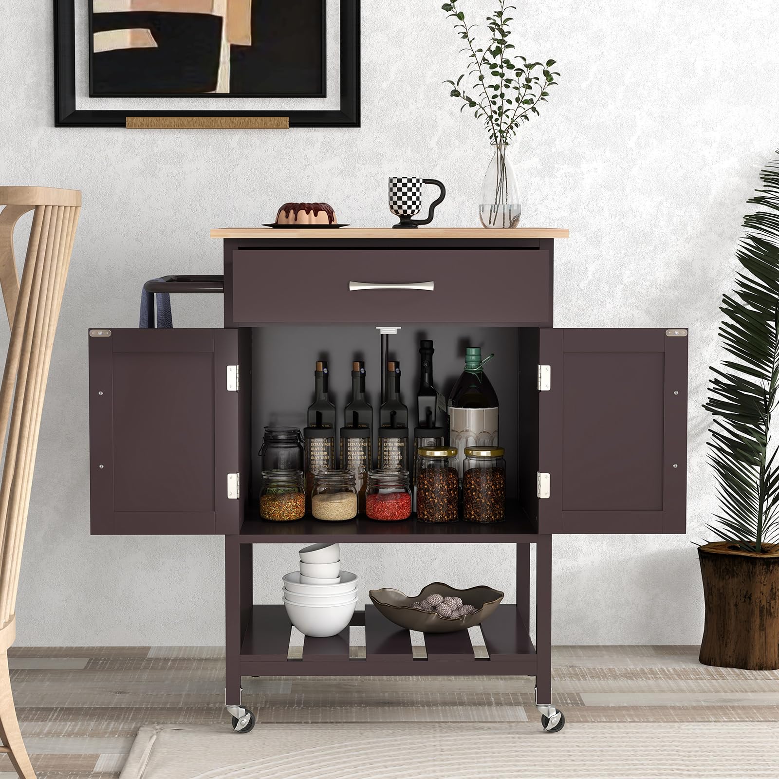KOMFOTTEU Chariot de Cuisine, 1 Tiroirs & 1 Armoire à Porte, Desserte de Service avec Plan de Travail en Bois Massif, Desserte à roulettes, Plateau inférieur, 73 x 48 x 90 cm (Marron)