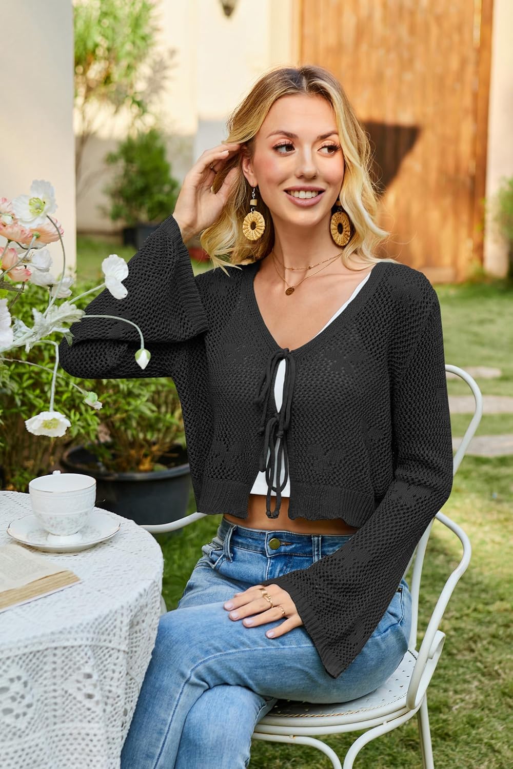 Balimtoy Women Tie Front Cardigan Crochet Sweater Crop Tops Cute Bell Long Sleeve Knit Shrug Beach Vacation Cover Up - Image 5