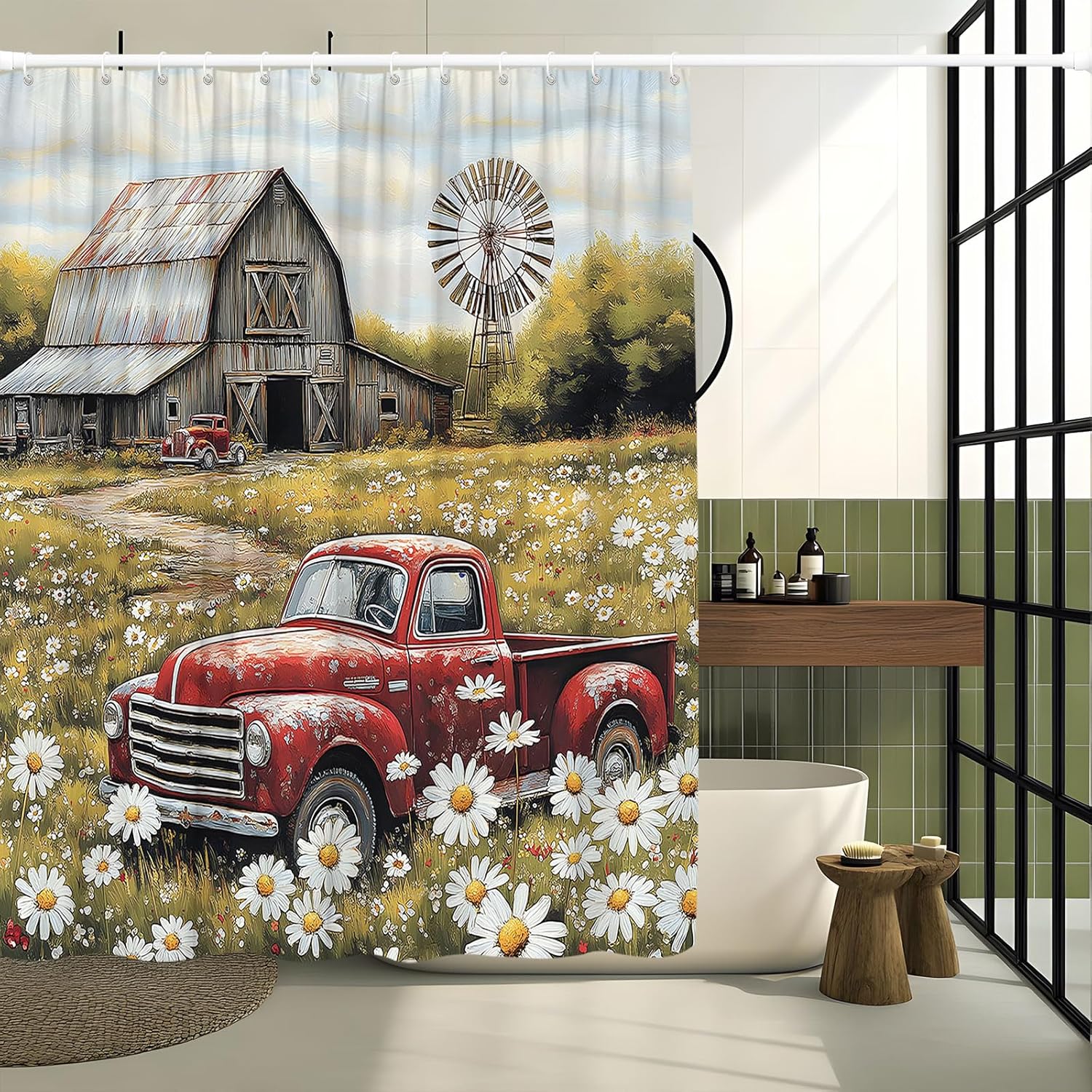 Antique Truck Shower Curtain Western Truck Car with Farmhouse Barn Windmill on Farm Rustic Vintage Farm American Country Western Decorative Curtain with Polyester Fabric