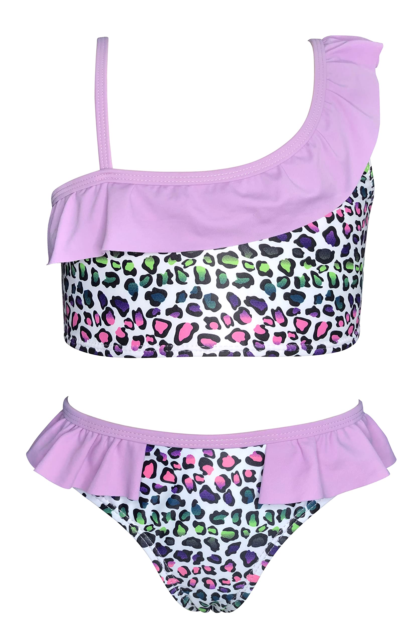 SHEKINI Niñas Bikini De 2 Piezas Estampado Lindo Hombro Inclinado Asimétrico Bikini Top Traje de Baño Dos Piezas Niña Cintura Baja Volant Bikini Fondos para 6-14 Años