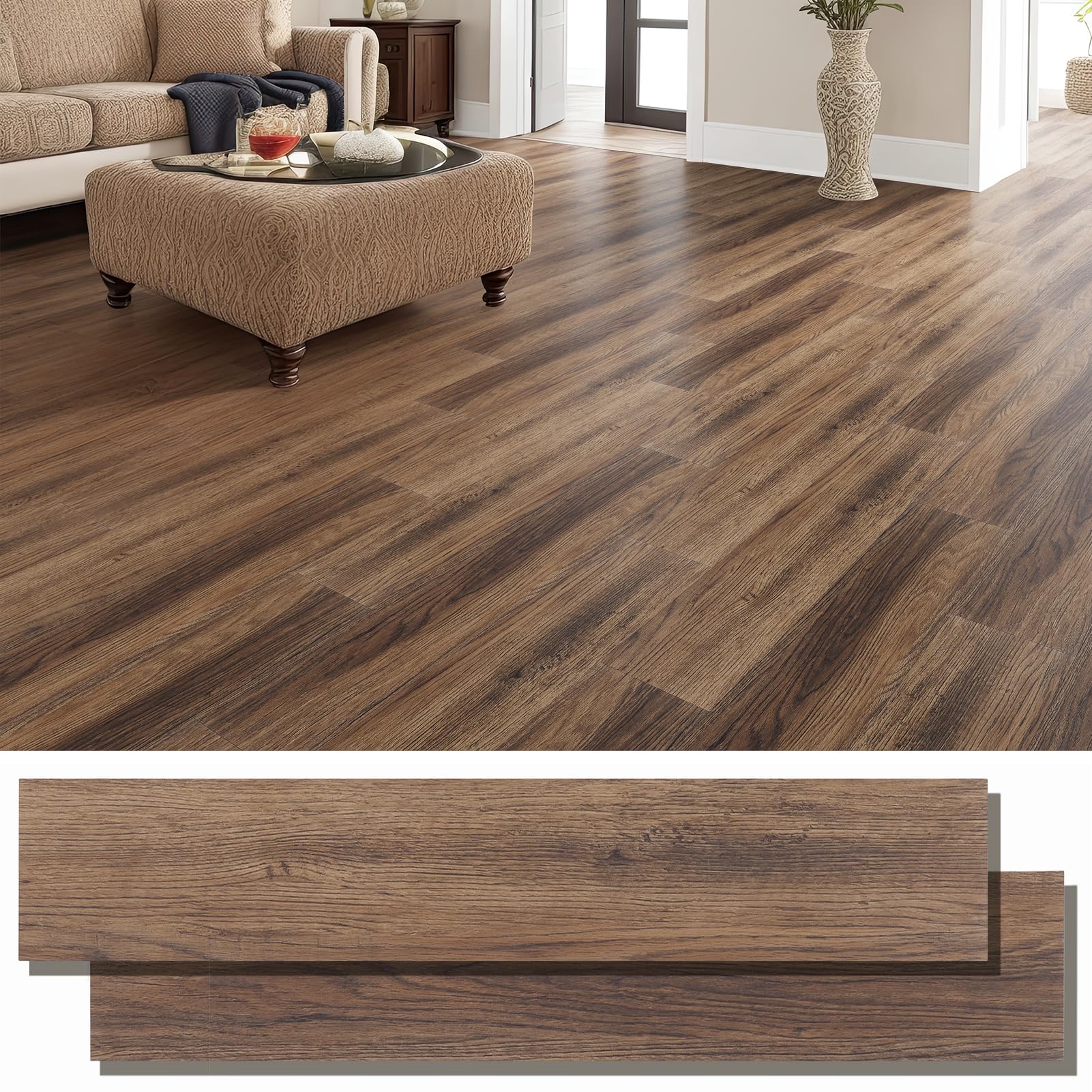 INMOZATA Peel and Stick Floor Tile Vinyl Flooring, Waterproof Vinyl Plank Flooring 36-Pack 54 Sq.Ft Wood Grain Self Adhesive Peel and Stick Flooring for Bedroom, Living Room, Kitchen, RV(Walnut)