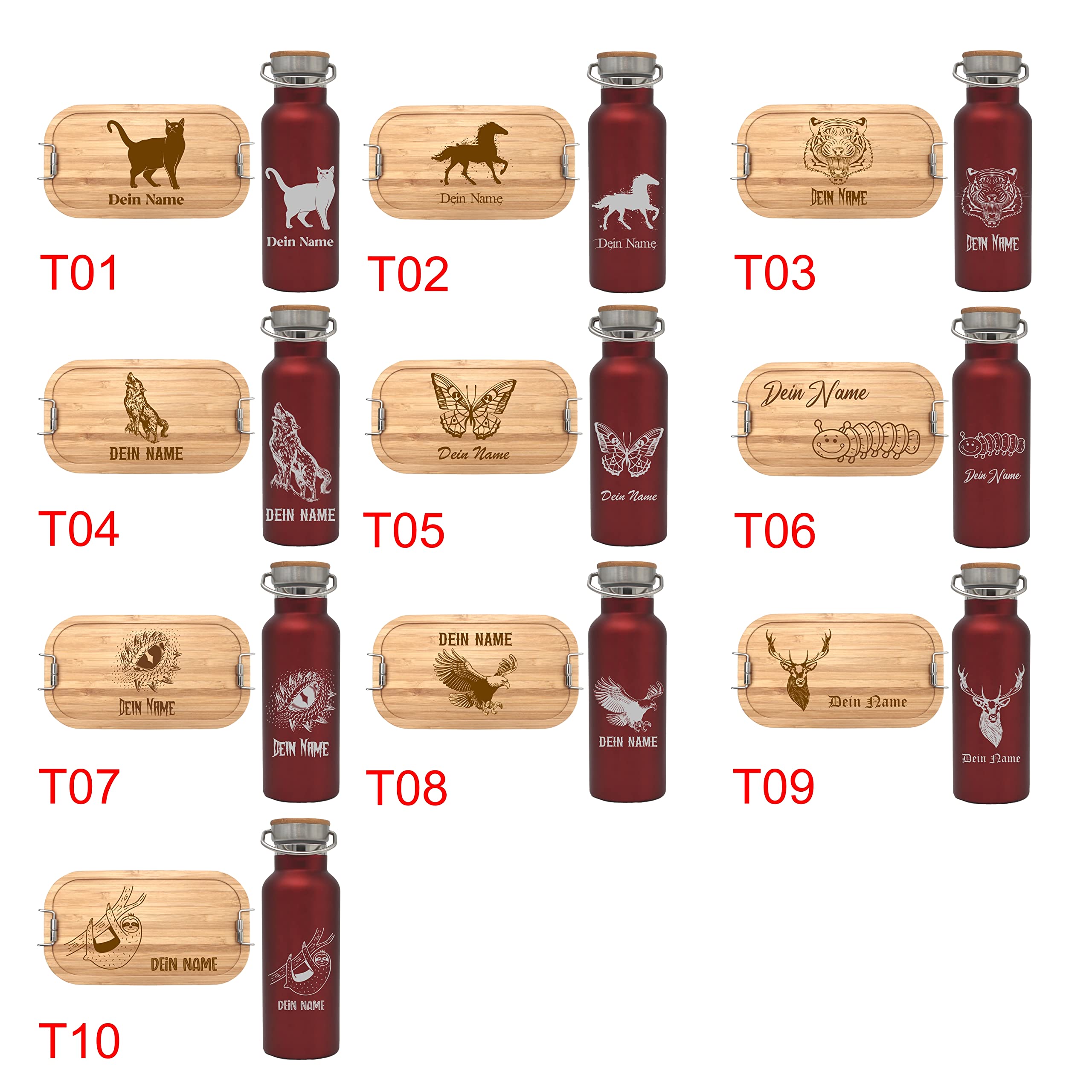 Brotdose 700ml mit Fächern und Trinkflasche 500ml aus Edelstahl mit Namen personalisiert, Lunchbox und Isolierflasche für Kinder und Erwachsene Brotzeitbox (Flasche ROT, Kleine Lunchbox 700ml)