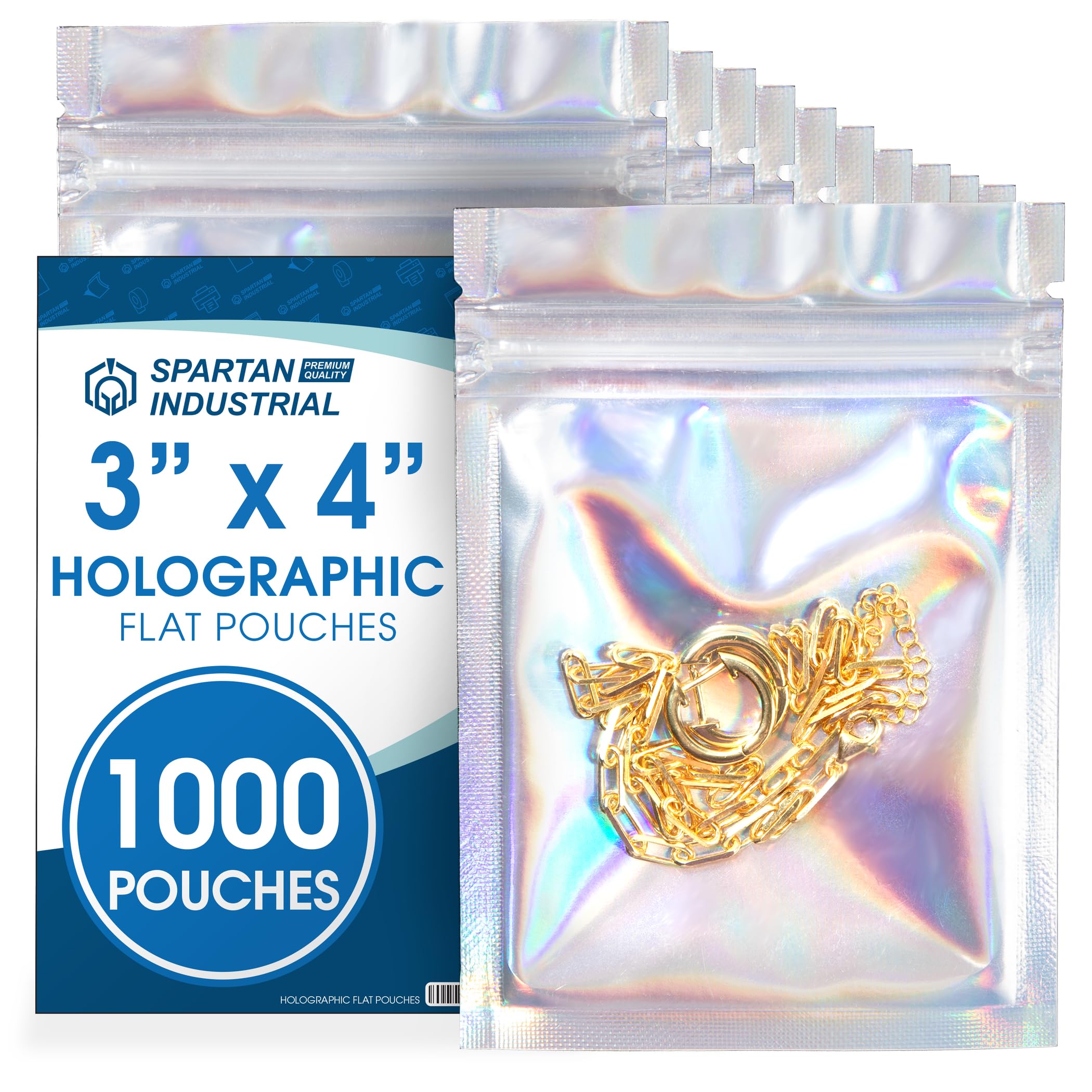 Spartan Industrial - 3" X 4" Holographic Foil Bags - Pack of 1000 Smell-Proof Resealable Bags for Food, Wax Melts, Lip Gloss Packaging, and More