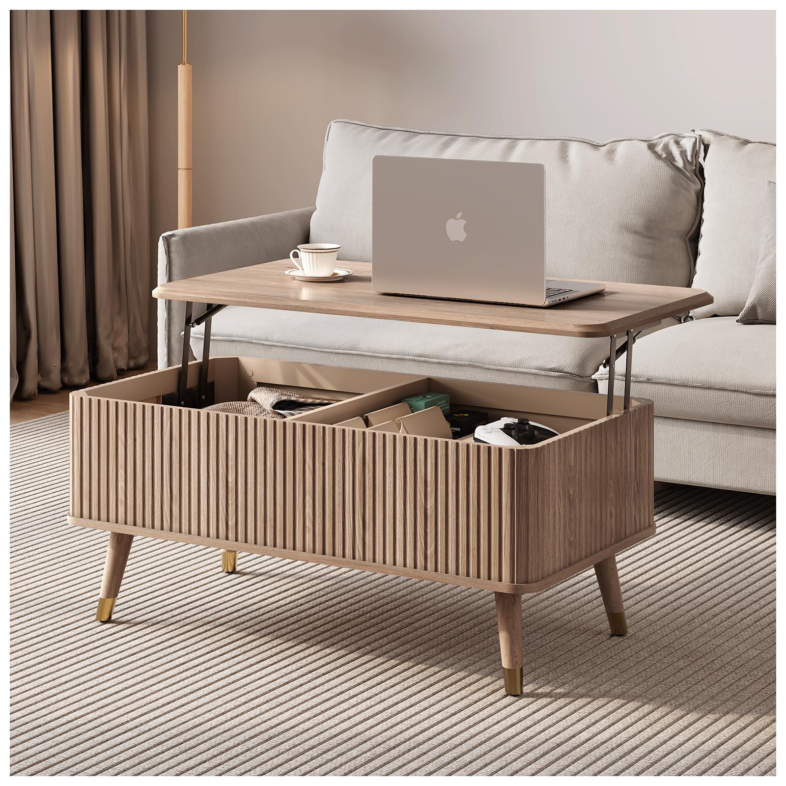 Lift Top Coffee Table with Storage,Natural Wood Center Table for Living Room, Modern Farmhouse Oak Fluted Design,Pop-Up Desk for Work & Dining