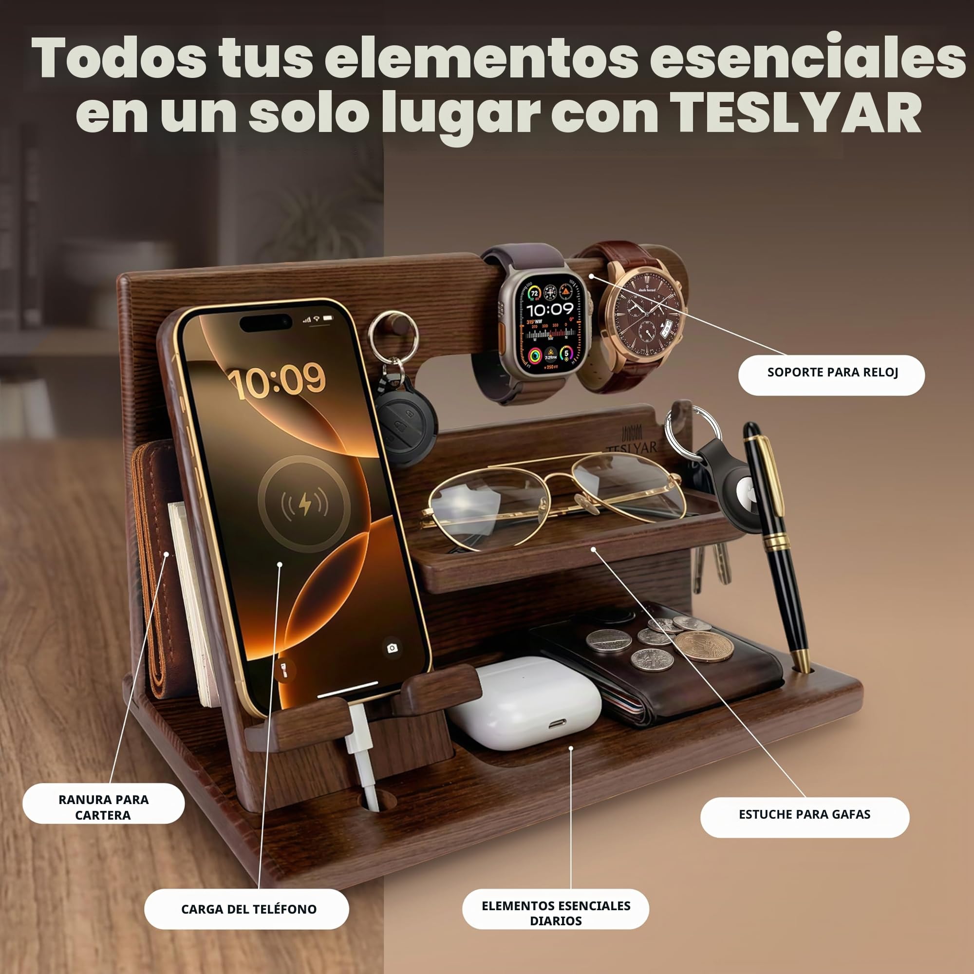 TESLYAR Soporte de Carga para teléfonos móviles con Gancho Llaves Carteras y Relojes Hombres Seres Queridos ya Sea por su Aniversariodía Festivo Regalo Padre Dia del Padre Regalos (Marrón)
