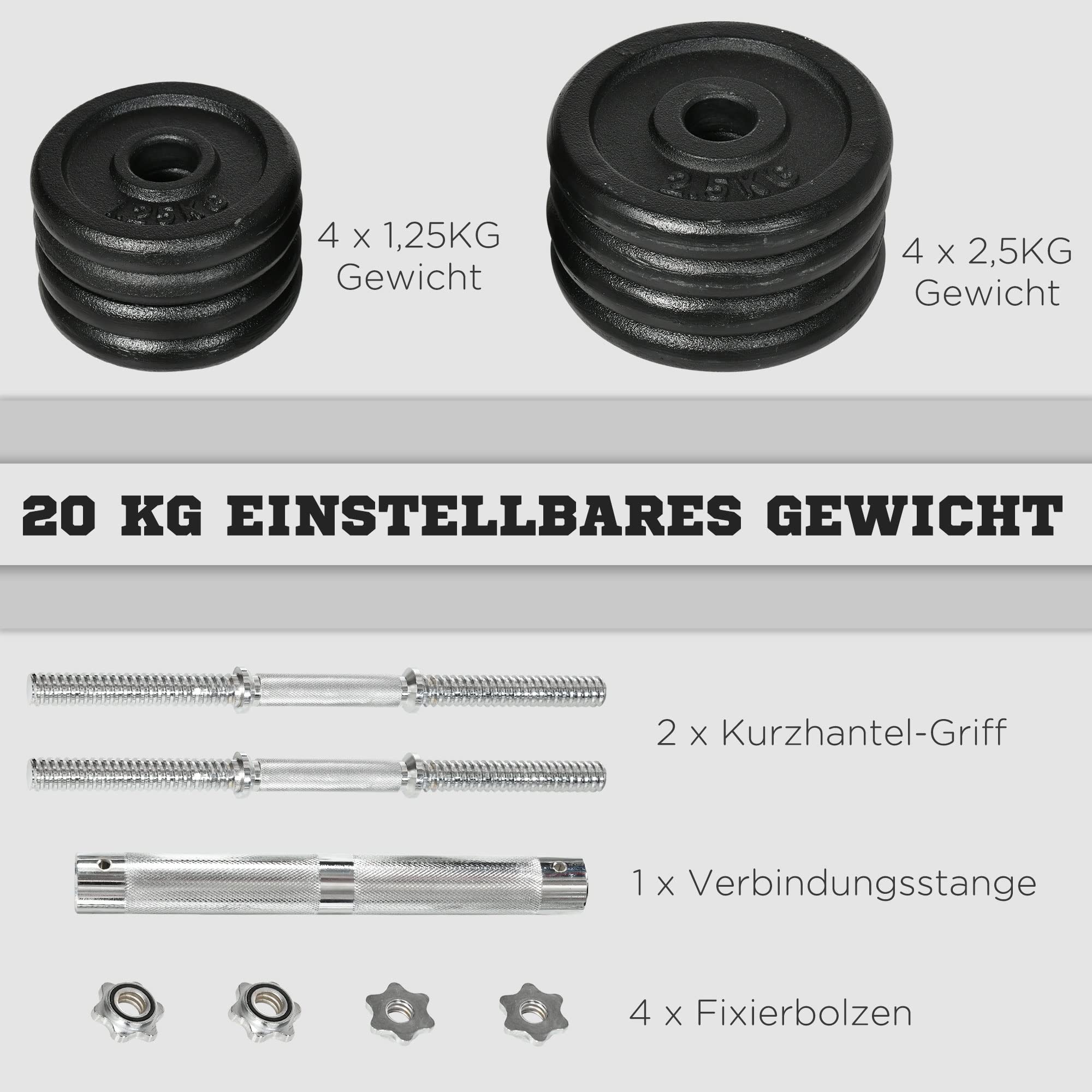 HOMCOM Hantelset 2er Verstellbar bis 20 KG mit Verbindungsrohr Dumbbell | Kurzhantel Set, 2 Kurzhanteln, Langhanteln, Hanteln Set, Kurzhantelset, Krafttraining, Zuhause, Fitnessstudio