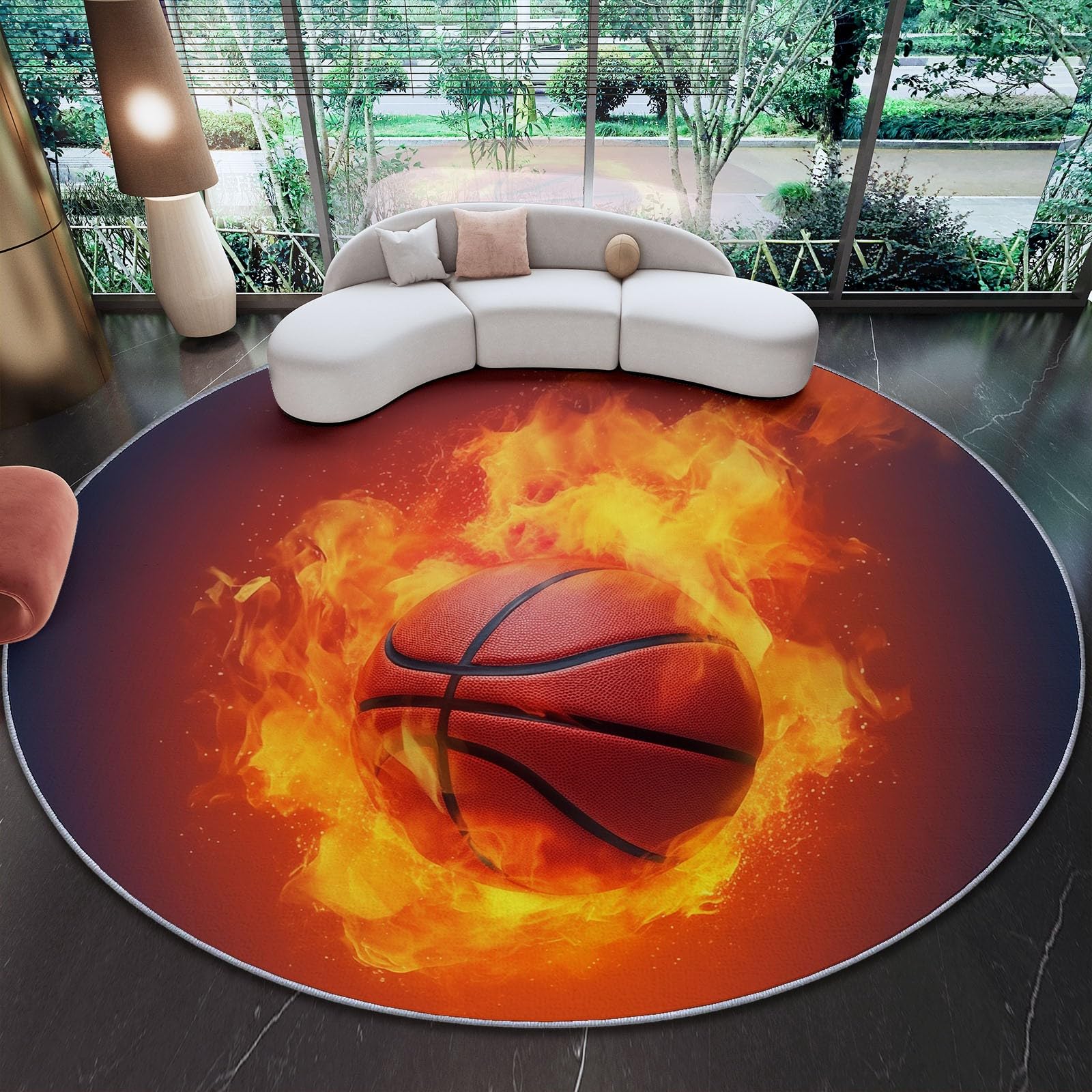 Tapis rond lavable 120cm design basket orange anti-dérapant pour chambre ado