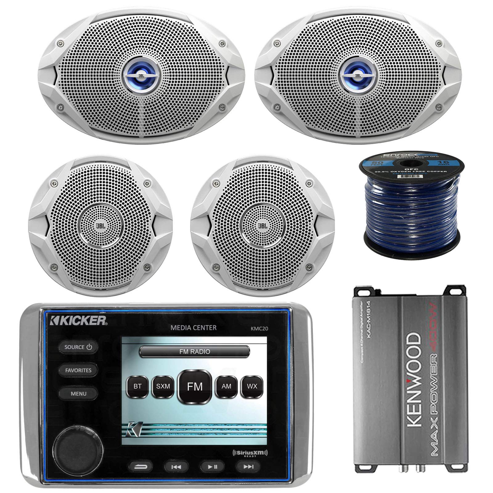 Kicker KMC20 Marine Boat Bluetooth Stereo Radio Receiver Bundle Combo W/ Compact 400-Watt Amplifier + 2x JBL 6x9" 2-Way Coaxial Speakers + 2x JBL 6.5" Inch Boat Speakers + Enrock 50Ft 16g Speaker Wire