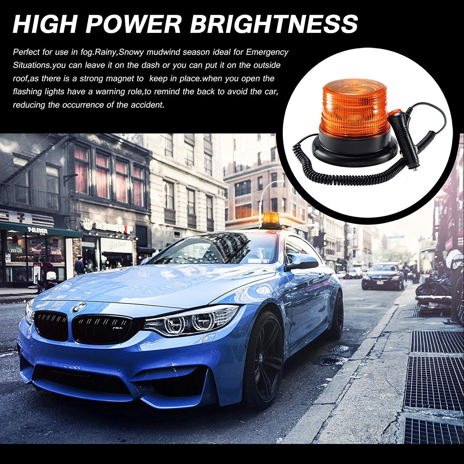AnTom Gyrophare LED Orange Magnétique 12-80V avec Prise Allume-Cigare | Phare d’avertissement clignotant avec base magnétique et prise allume-cigare pour une installation rapide
