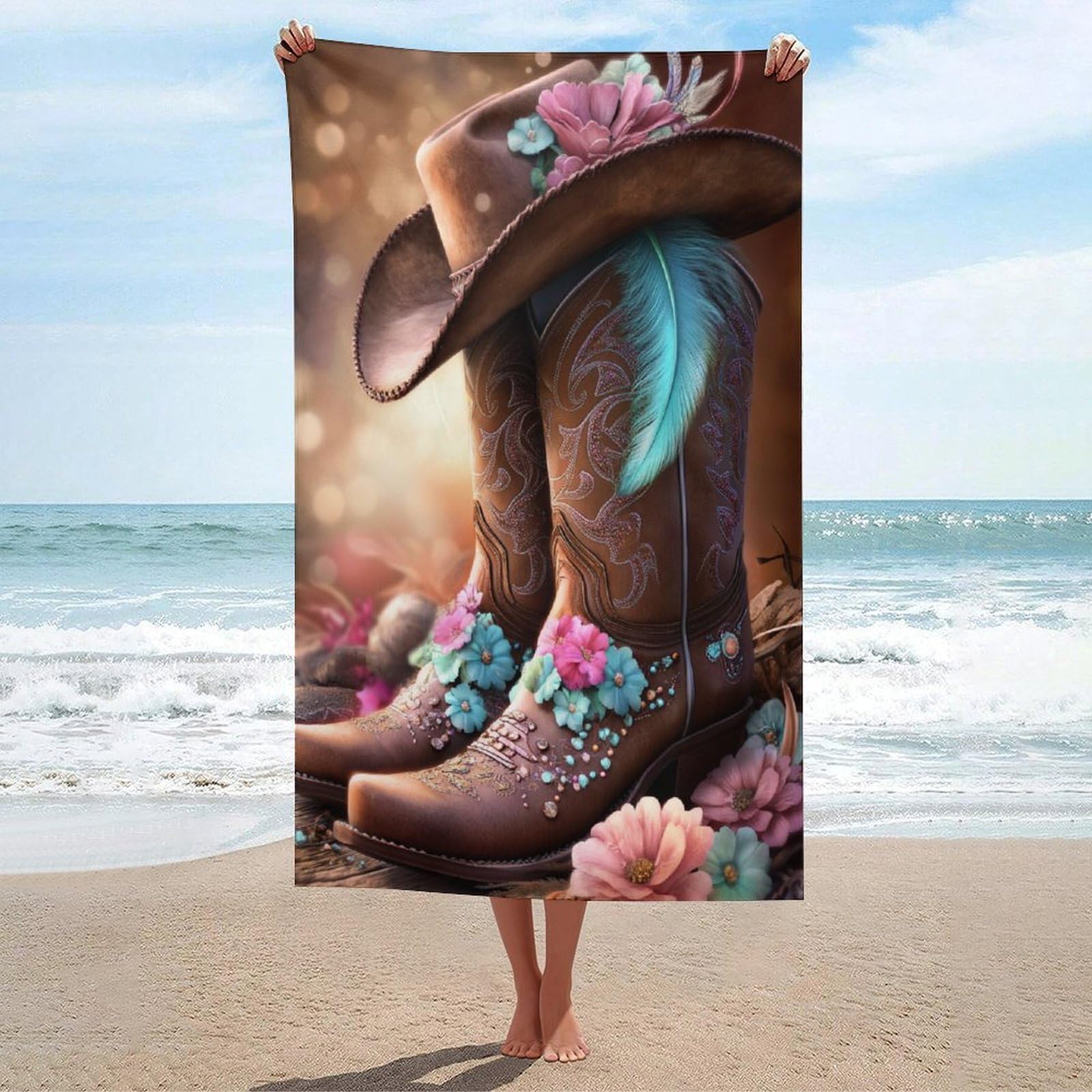 LSRCPD Brown Cowboy Boots with Turquoise Flowers Beach Towel Sand Free Microfiber Large Shower Towels Multipurpose Absorbent for Bathroom Pool 130x80 CM