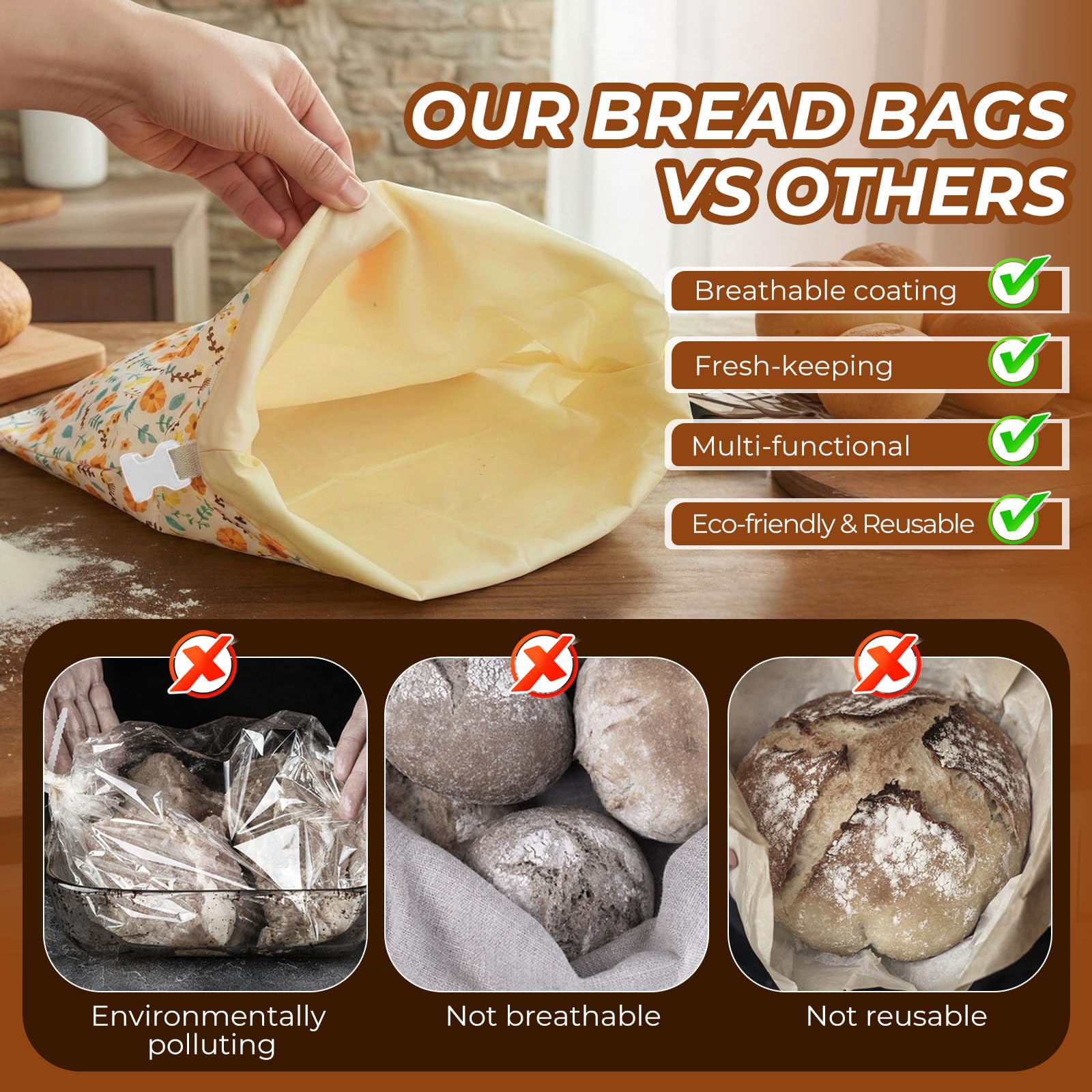 Sacchetti per il pane di cera d'api, 43×33 cm sacchetti di cotone rivestiti in cera d'api naturale, Borsa in cotone per conservare pane fatto in casa e prodotti da forno (confezione da 2)