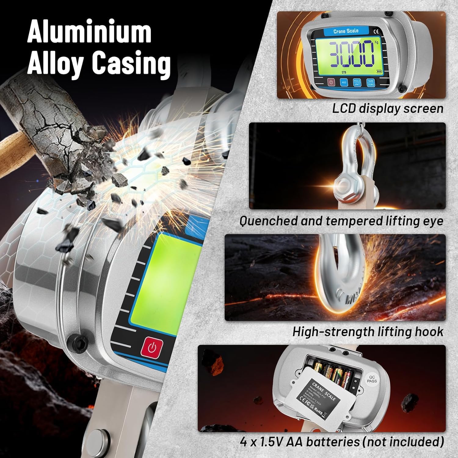 Bilancia per Gru 3000KG, Bilancia da gru digitale, Pesante Bilancia Industriale con sensore di precisione, ampio schermo LCD e telecomando, Visualizzazione della temperatura e dell'umidità(Silver)