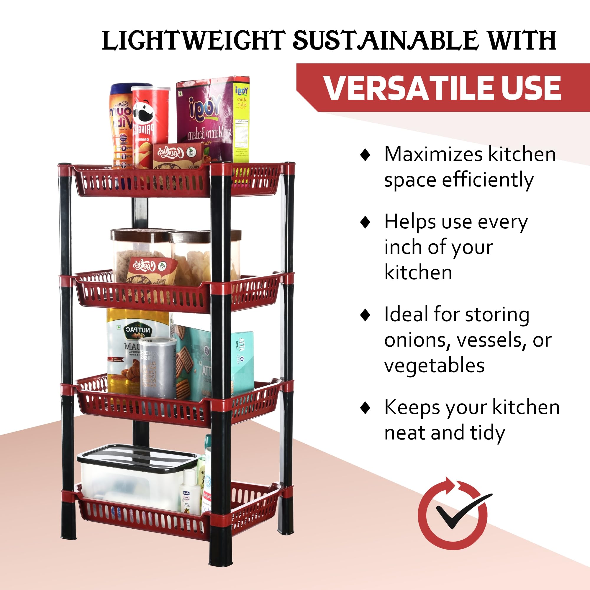 Urbane Home Pack of 2 Multipurpose Kitchen Organizer/Storage Rack | 4-Layer Onion Stand for Kitchen | Vessels & Vegetable Organiser | Maroon 4