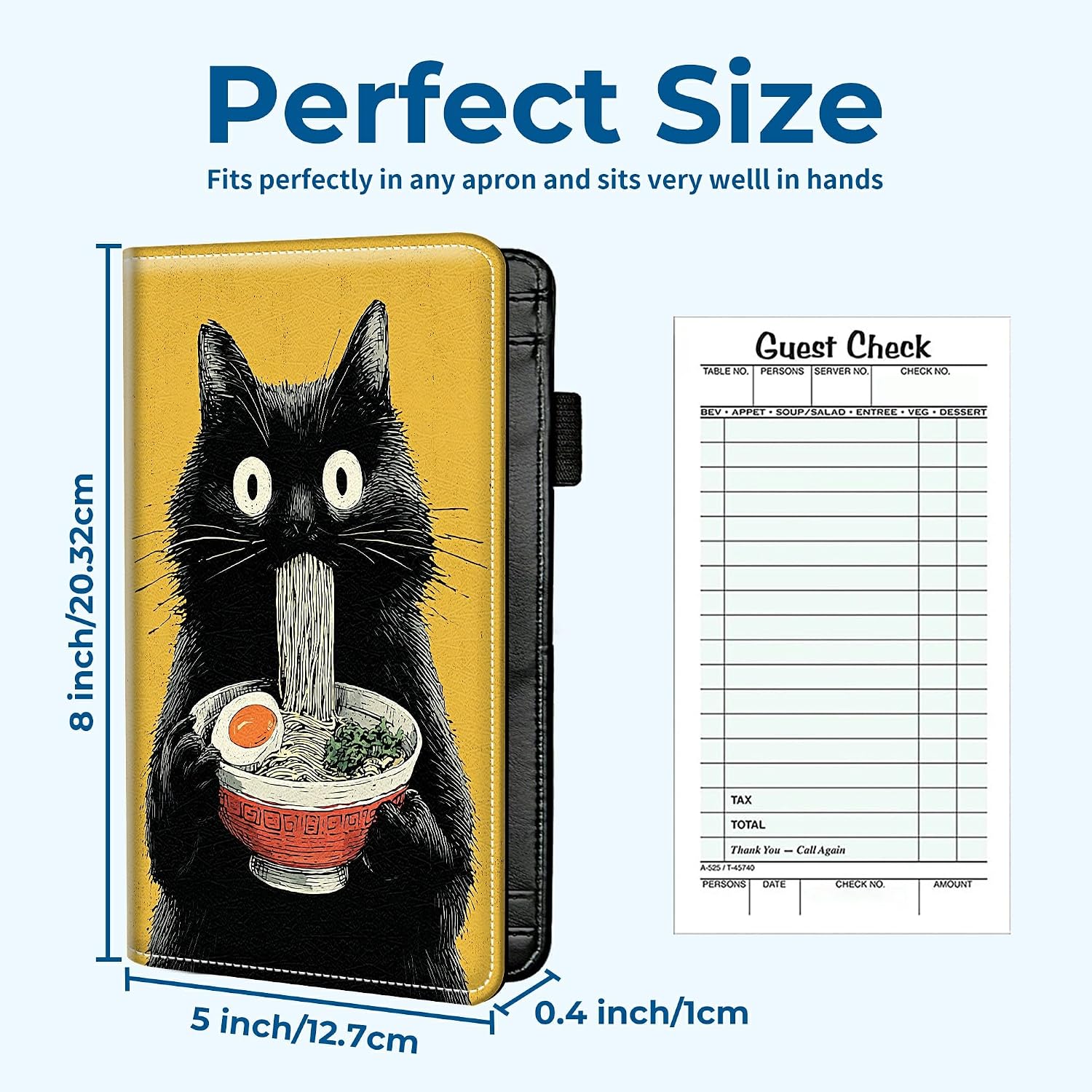 Slim Server Book for Waitress & Waiter, 8" x 5" PU Leather Restaurant Organizer Wallet with Zipper Pocket for Coins & Guest Check, Multiple Patterns - Ramen Cat image 2