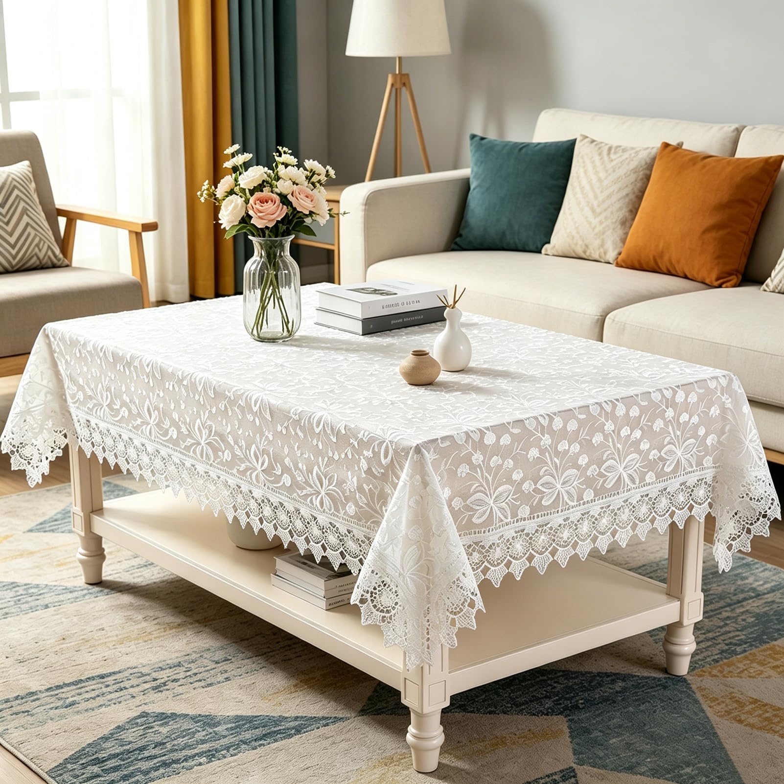 Bianco Pizzo Tovaglia Rettangolo Chic Ricamato Tavolo Cover, Vintage Elegante Floral Design Tovaglia per Banchetto di Nozze Festa di Compleanno Tavolo da pranzo formale, 150x220cm