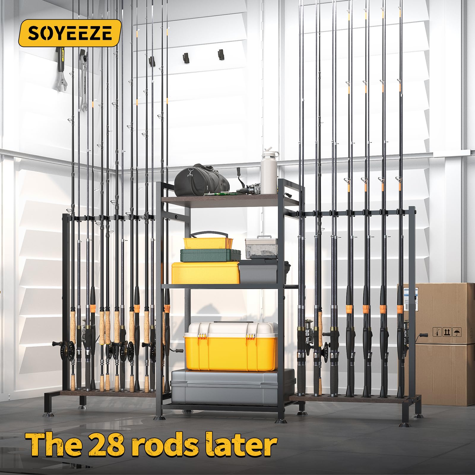 SOYEEZE Angelrutenhalter für 28 Ruten, Bodenständer, Angelrutenhalter für Garage, 3-seitiges vertikales Angelrutenregal für Angelbox, Angelzubehör, ein Display für Fischausrüstung, Geschenk für Mann