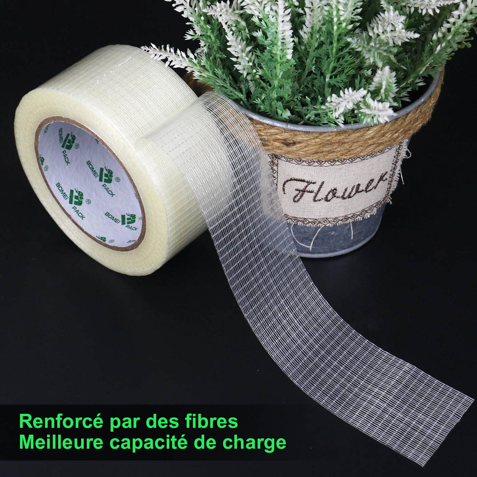BOMEI PACK 4 Pack Bi Directional Filament Ruban Adhésif, Ruban d'emballage renforcé de fibres filament Renfort et cerclage ruban adhésif robuste adhésif, 50m x 50mm