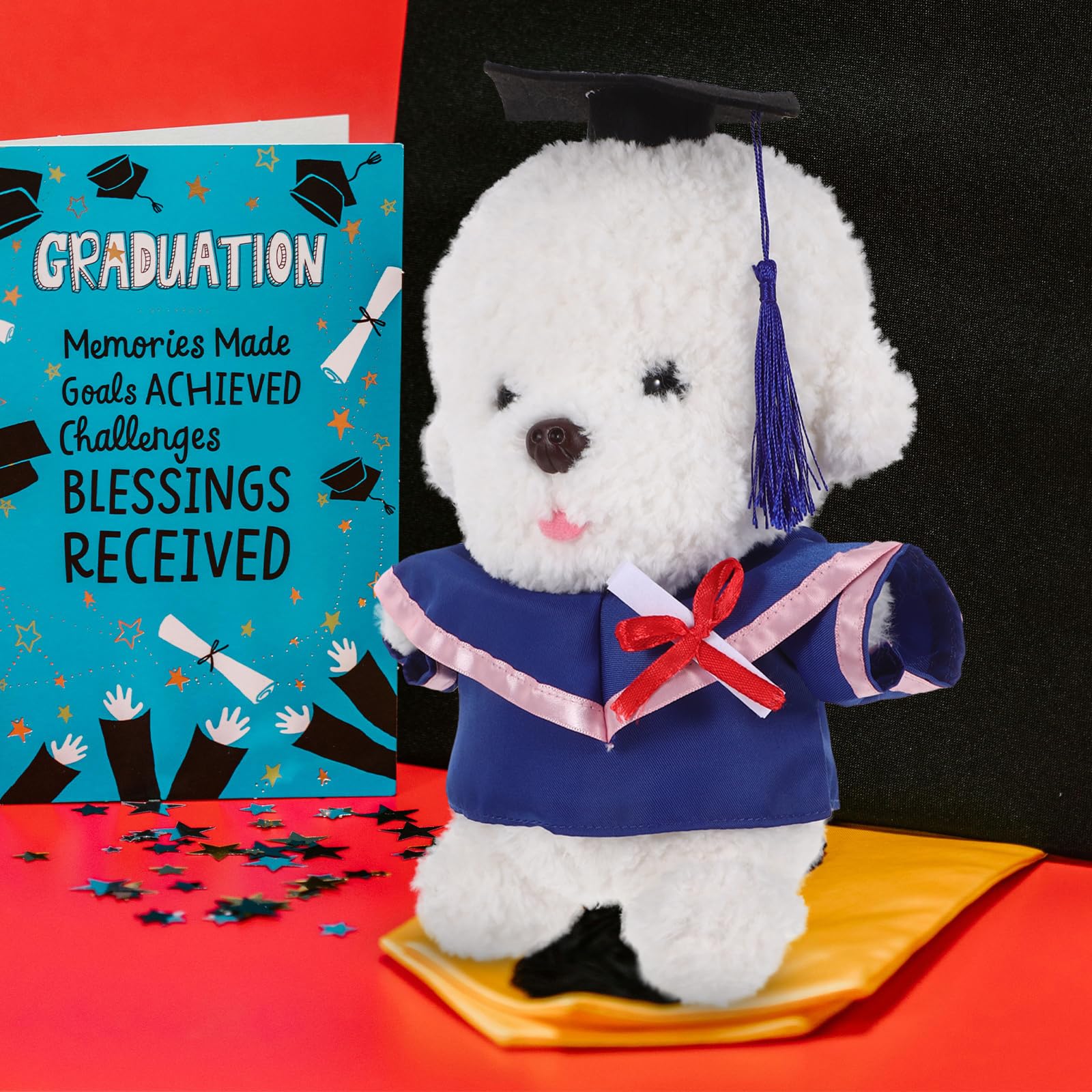 LOGOFUN 2Sets Graduation Bear Outfit Plush Bear Clothes Kit Stuffed Doll Sash Tassel Gown Diploma for Celebratory Holiday Party Supply - Blue Pink 30cm