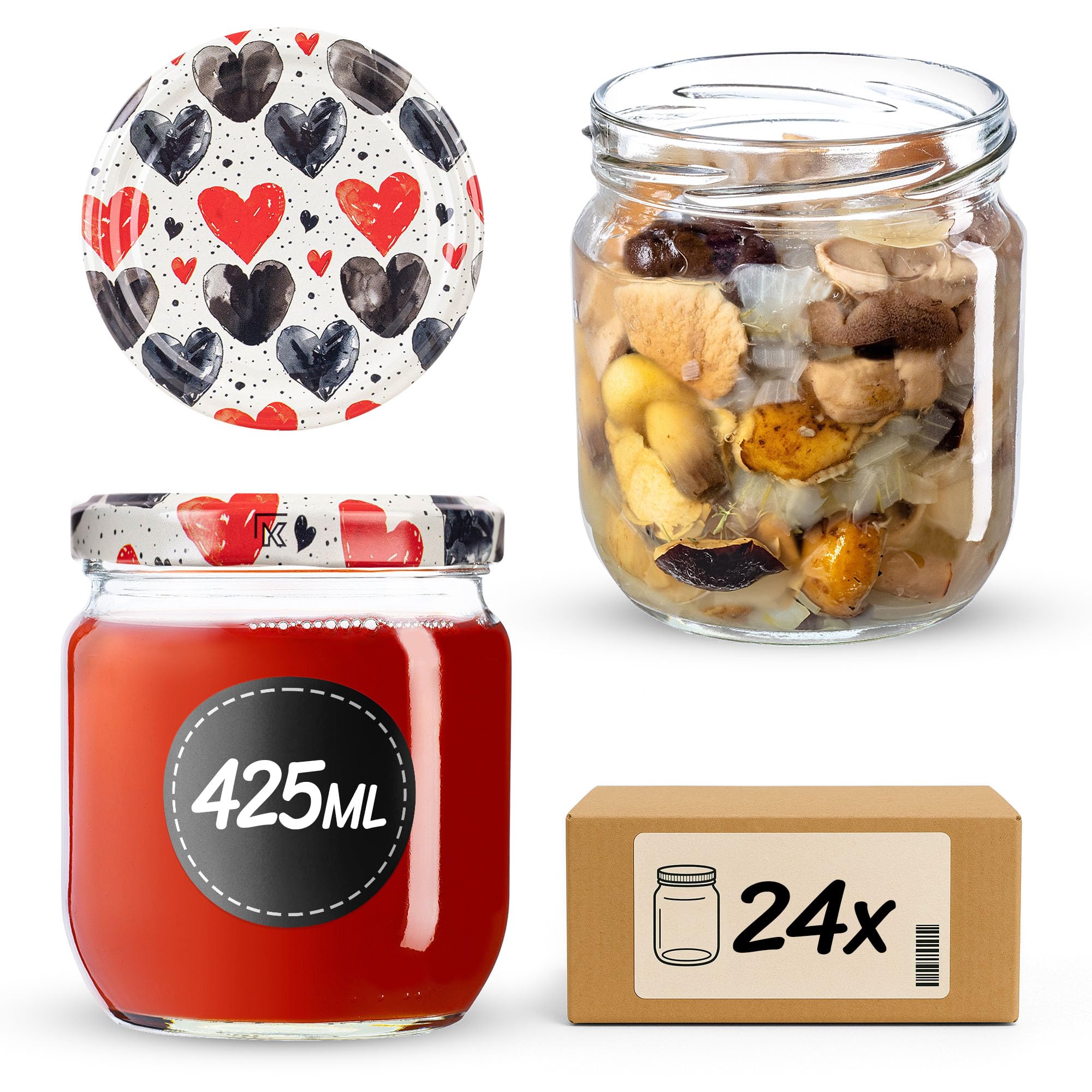 KADAX Lot de 24 bocaux en verre 425ml Ø82 – couvercle à vis Twist-Off hermétique, pour conserves, cornichons, fermentation et mise en conserve