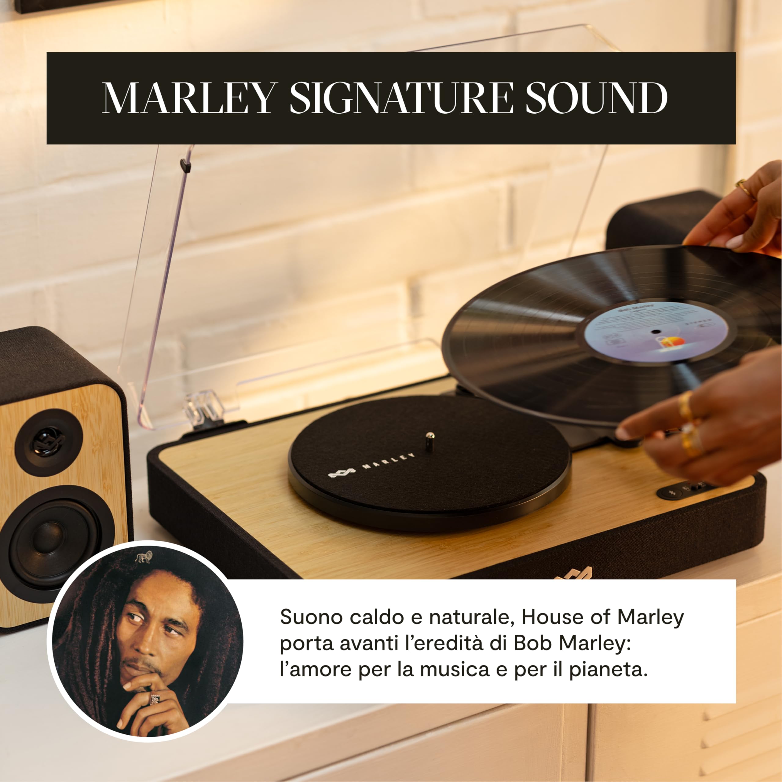 House of Marley Revolution Giradischi Bluetooth con Casse – Giradischi Vinili Sostenibile con Altoparlanti Cablati, Facile da Configurare, Design Moderno con Coperchio