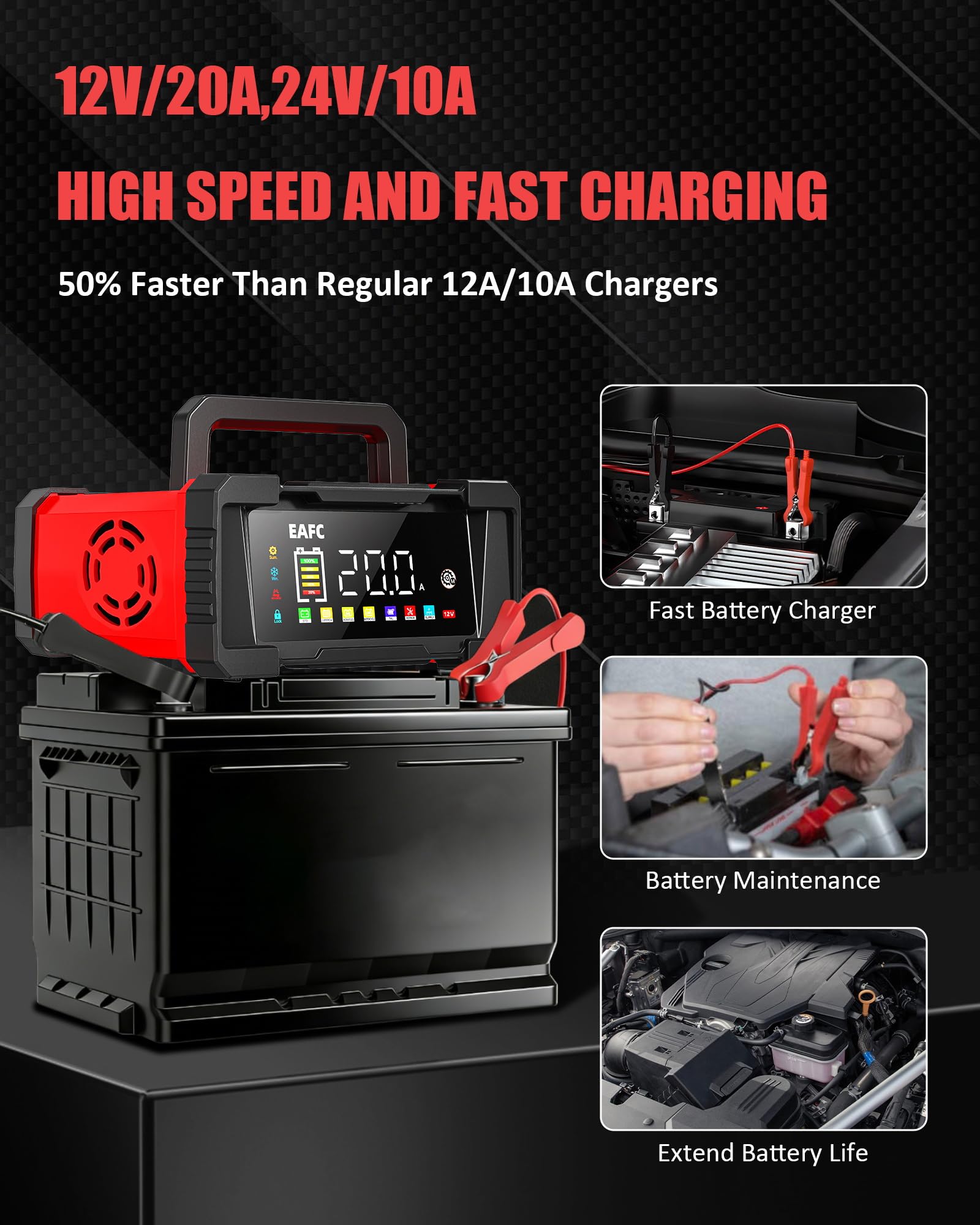 EAFC 20Amp 12V/24V Smart Car Battery Charger & Maintainer – Automatic Lead-Acid & LiFePO4 Battery Charger for Car, Motorcycle, Truck, Boat, Lawn Mower with LCD Display, Trickle Charge & Repair Mode - 4