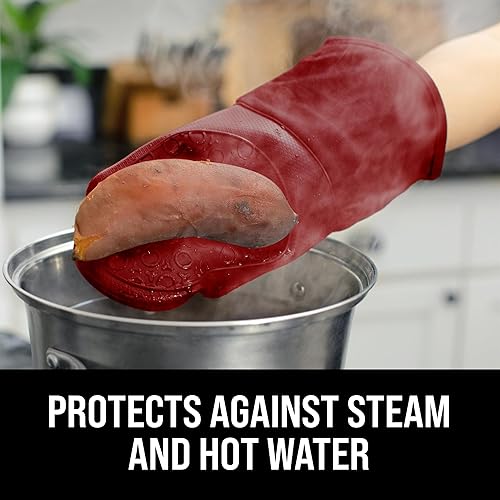 Vista 107 de Guantes de horno de silicona con forro de algodón acolchado – profesional resistente al calor olla de cocina soportes – 1 par, Negro