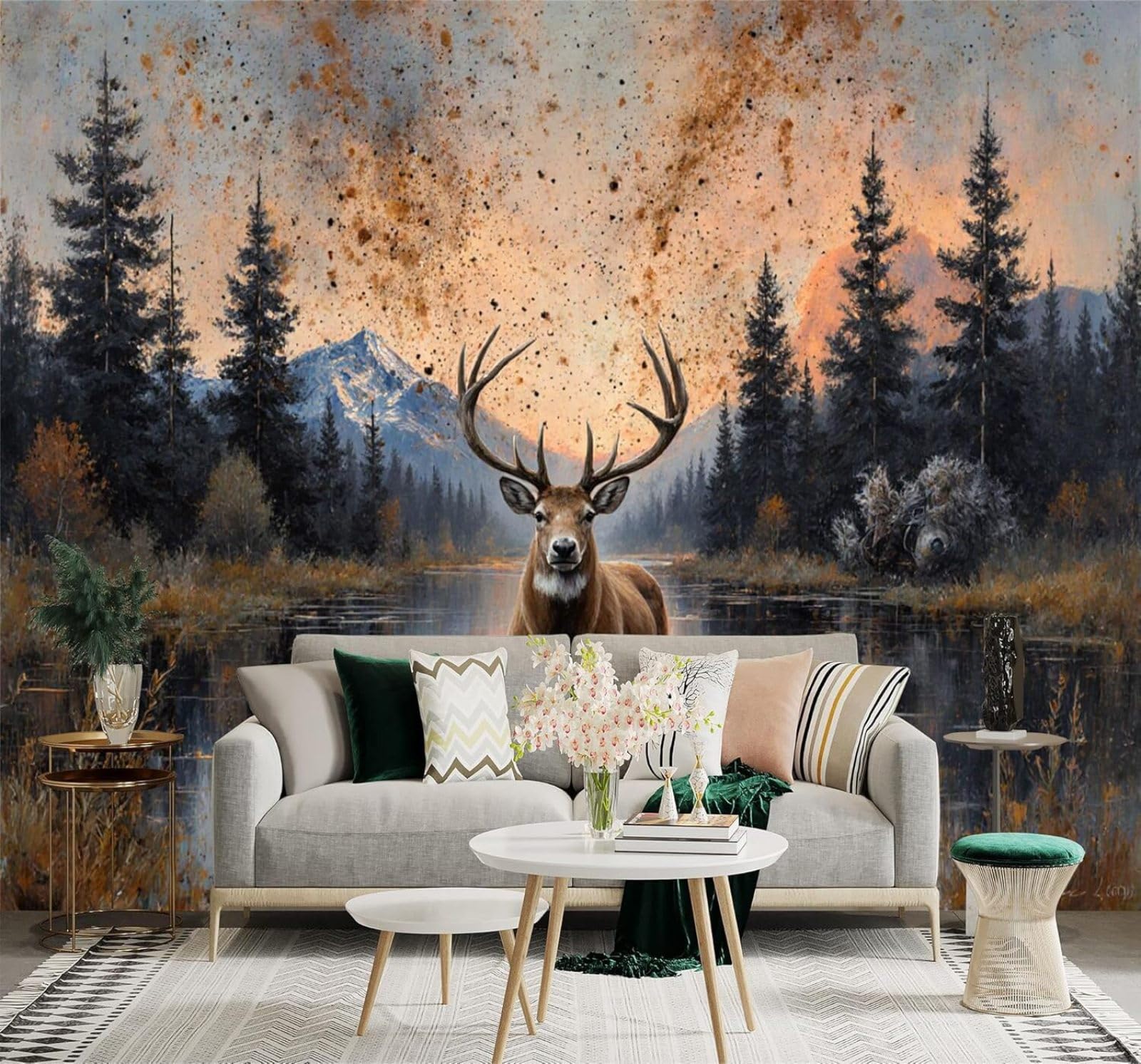 XLMING Mountains Lakes Sunset Deer Pine Forest 3D Wallpaper Premium Textured Silk Study Dining Living Room Bedroom Sofa TV Wall Easy Install-300cm×210cm