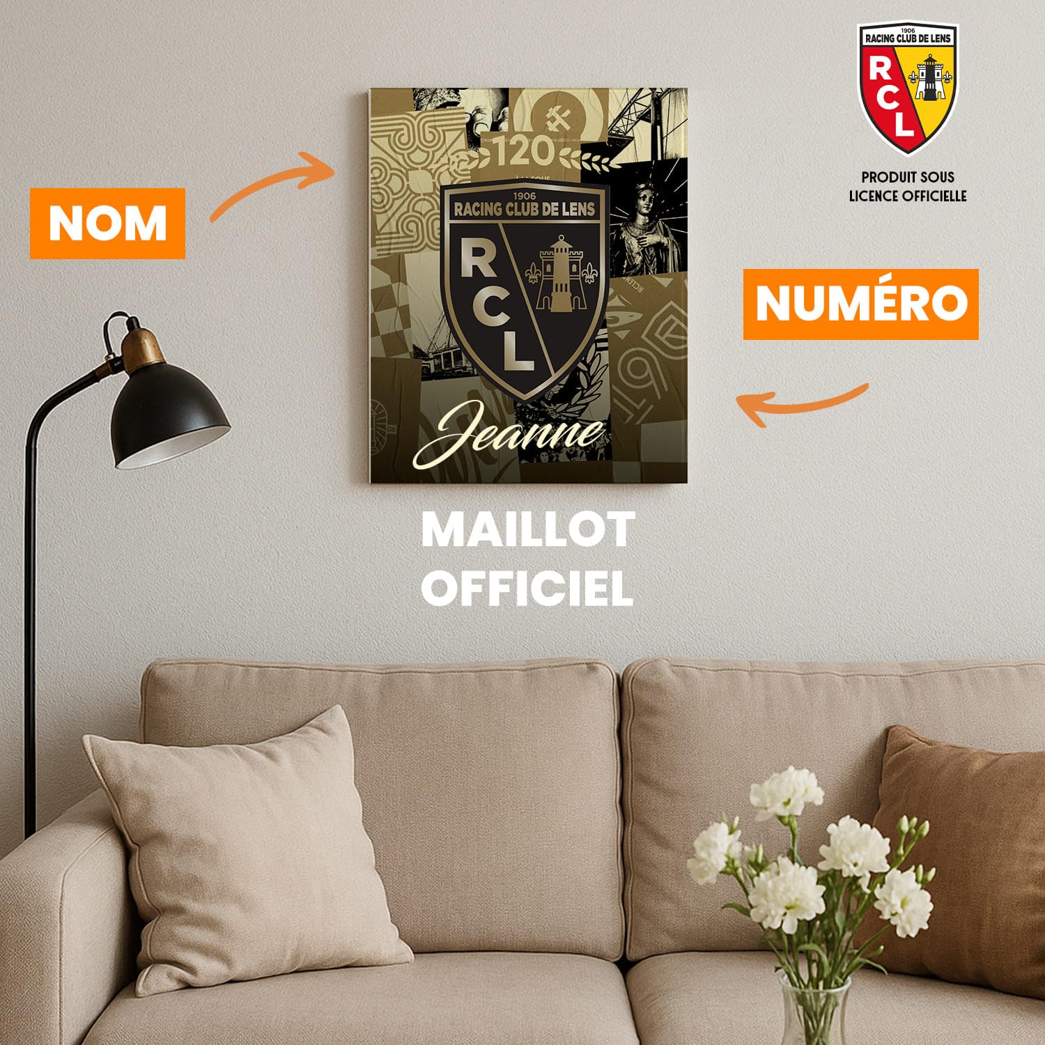 Toile personnalisable Racing Club de Lens – Édition 120 Ans | Produit Sous Licence Officielle | Format 50x40 cm | Fabriqué en France | Décoration Supporters – Personnalisation Prénom (Third)