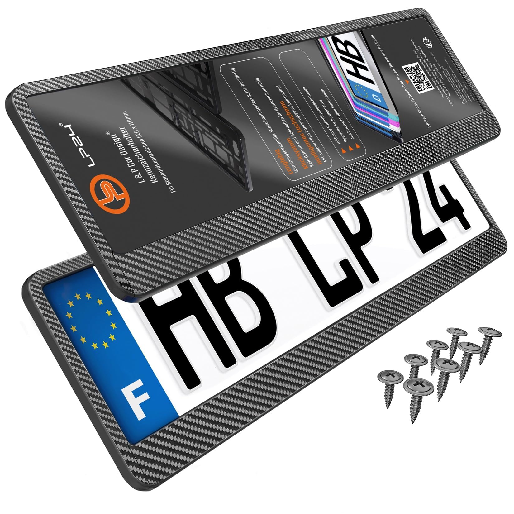 Lot de 2 - Supports de Plaque d'Immatriculation Voiture - [Simple, Rapide & sûr] - Porte Plaque Immatriculation pour Voiture - Auto Fixation pour Plaque - 52x11cm Discret Universel - Optique Carbone