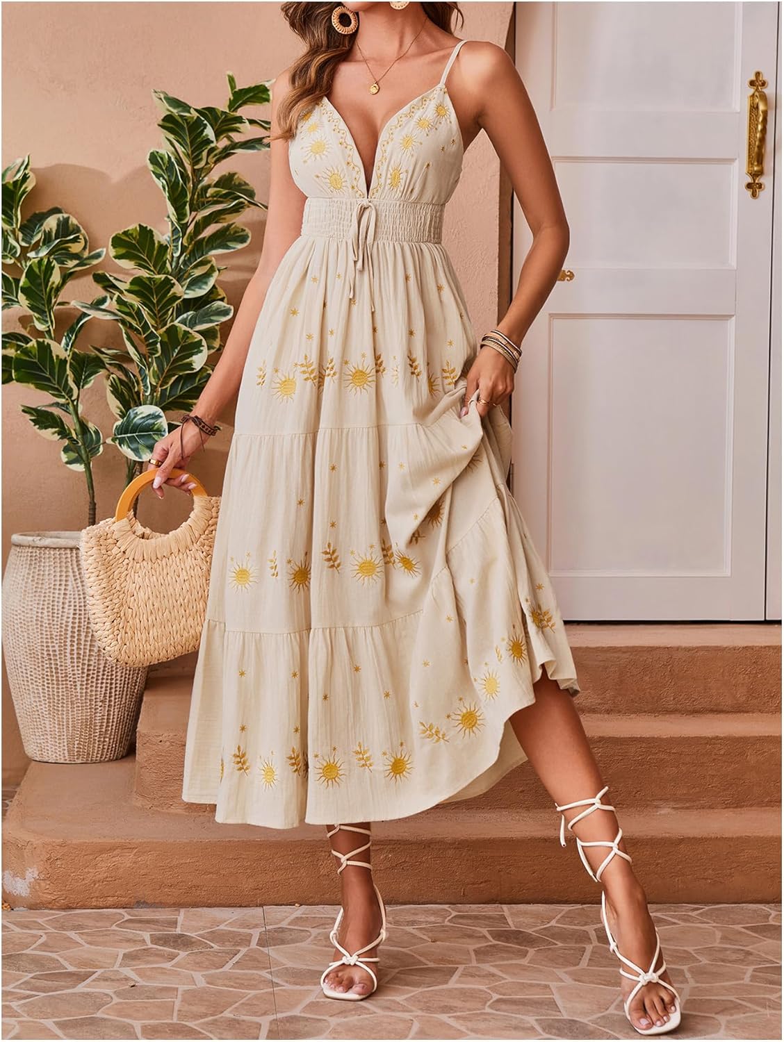 Verdusa Women's Boho Embroidery Cami Dress Sleeveless Tie Knot Ruffle Long Dresses - Image 4