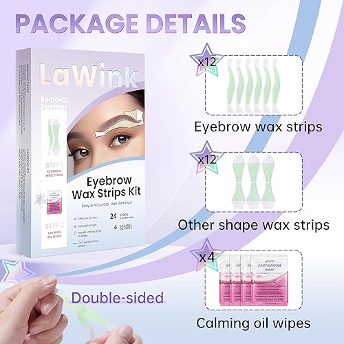 Miniatura 3 de Kit de tiras de cera para cejas, tiras de cera fría, eliminación de vello facial, 24 tiras, 4 toallitas de aceite calmante para tipos de piel