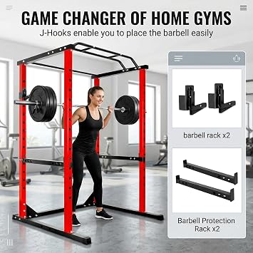 Power Gym Cage with Protection Arm, 1200 Lbs Capacitys Adjustable Squat Power Rack, 44.3 x 45.6 x 81.5 Inch, 14.0 sq.ft Footprint Fitness Comprehensive Power Cage for Home Gym