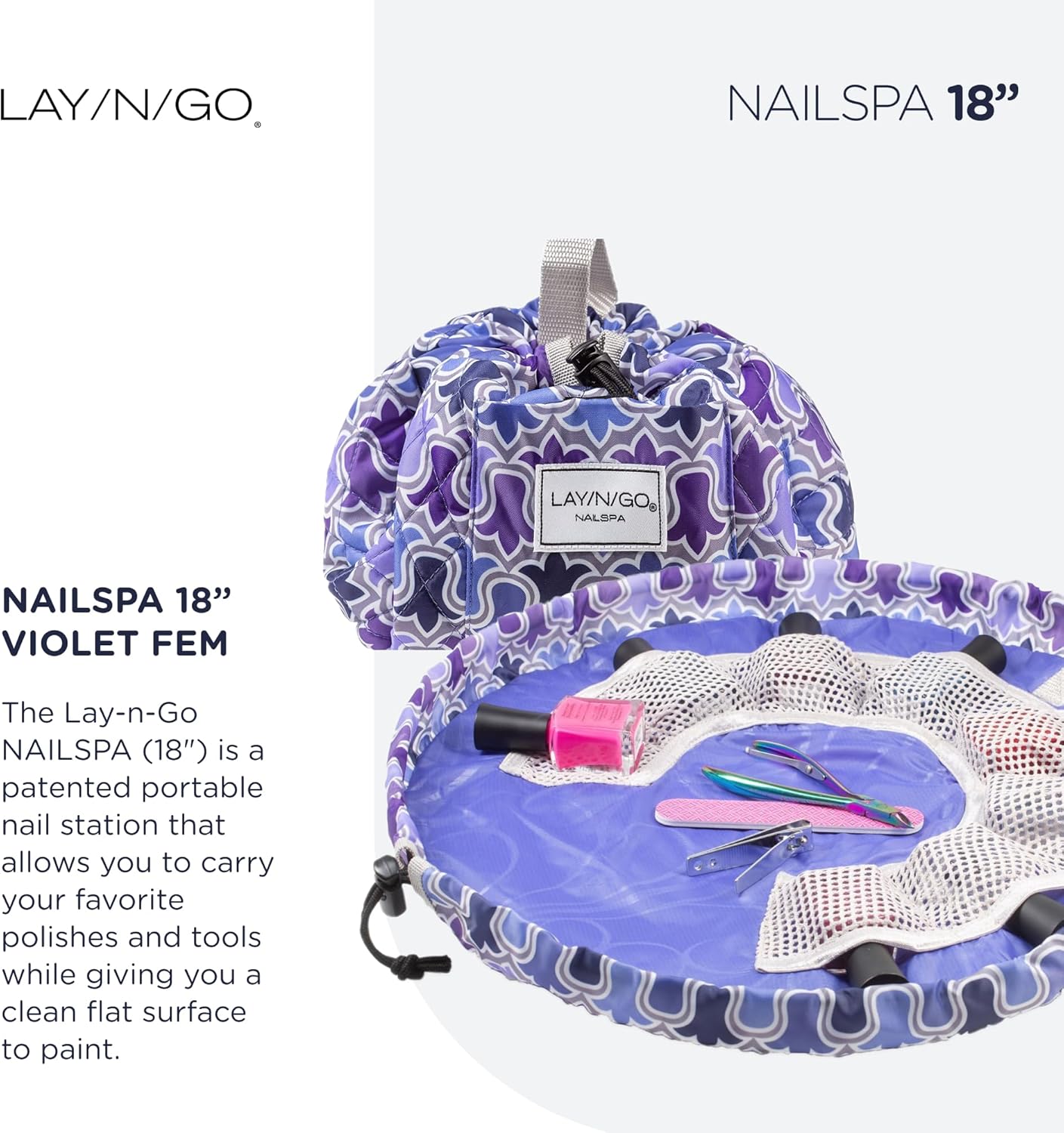 Lay-n-Go NailSpa Drawstring Cosmetic Bag - Portable Nail Supplies Organizer Bag w/ 8 Elastic Mesh Pockets & Circular Center -Durable, Machine Washable Nail Kit Organizer (18", Violet Floral [Purple]) - Image 2