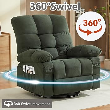 39 Oversized Recliner Chair with Massage & Heat for Living Room, Massage Recliner Chair for Adults with 360 Swivel, USB Port and Side Poctet (Green)