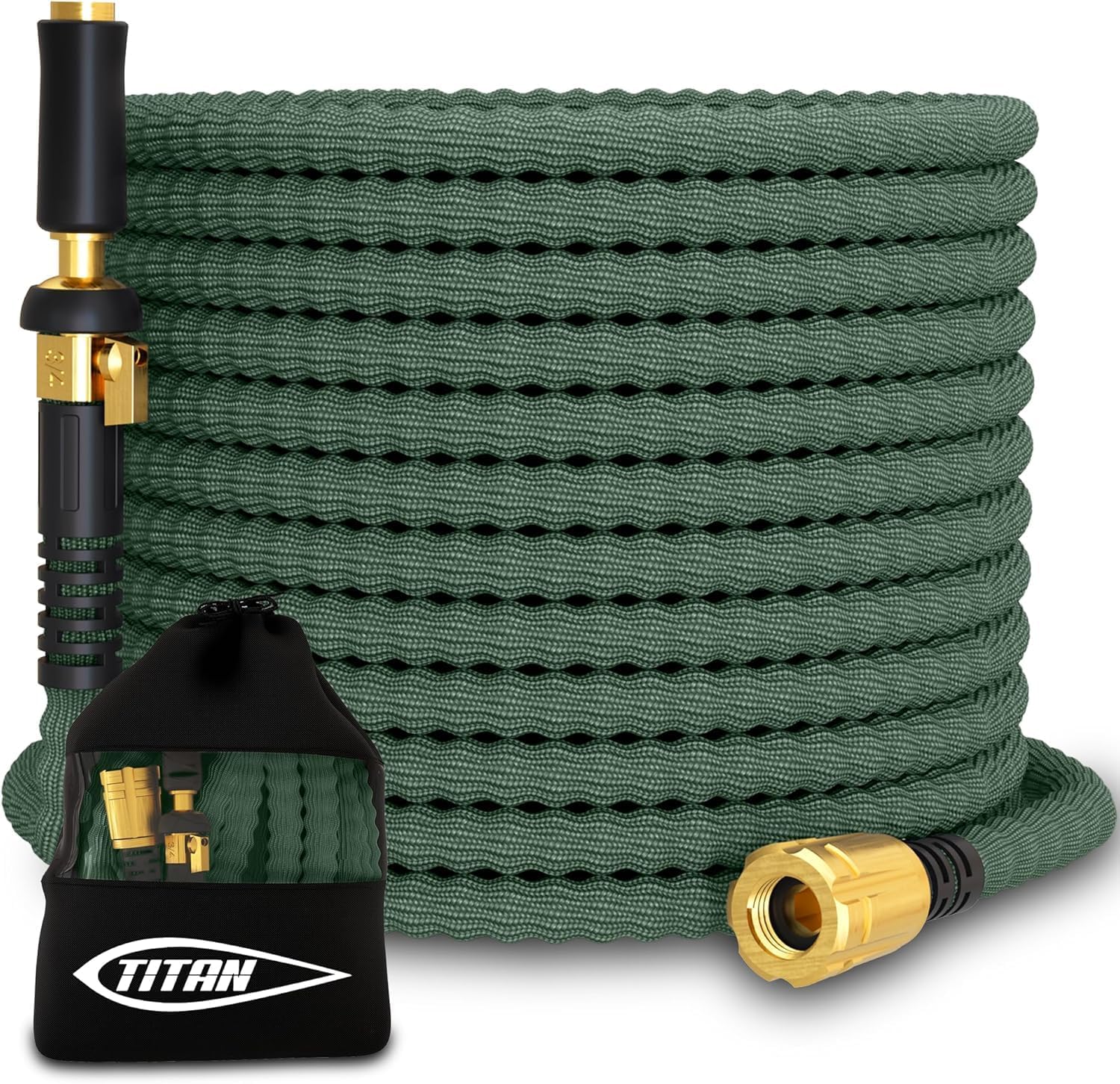 TITAN Flexible Garden Hose 100FT – Ultra Lightweight, Heavy Duty Water Hose with Brass Fittings & Jet Nozzle – Kink-Free, Non-Expanding, Durable Fabric Hose for Yard, Lawn, Car Wash, Outdoor Use