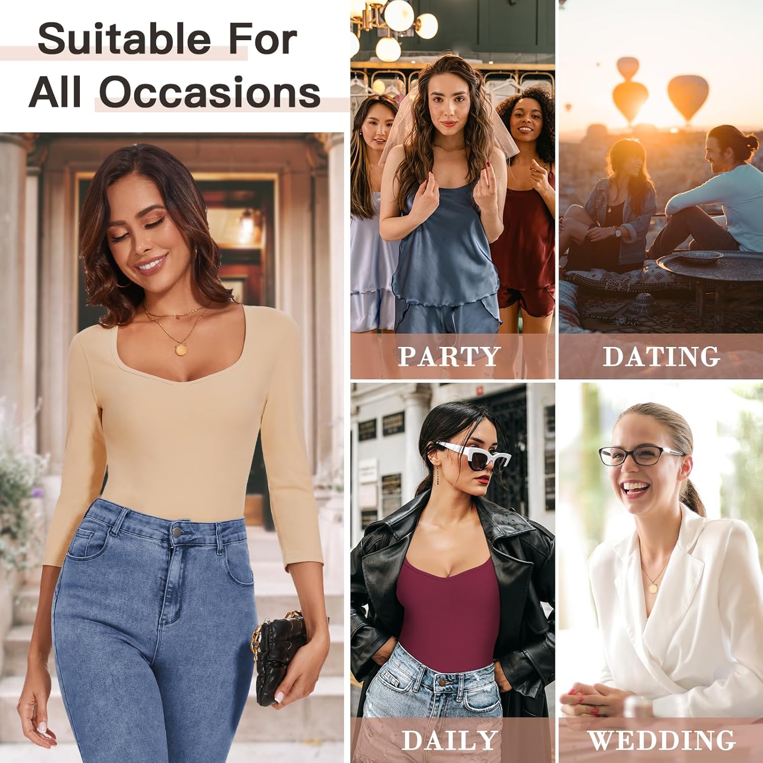 WOWENY Womens 3/4 Sleeve Sweetheart Neck Thermal Shirts T Shirts Underwear Tops Basic Fitted Tees Warm Base Layer - Image 6